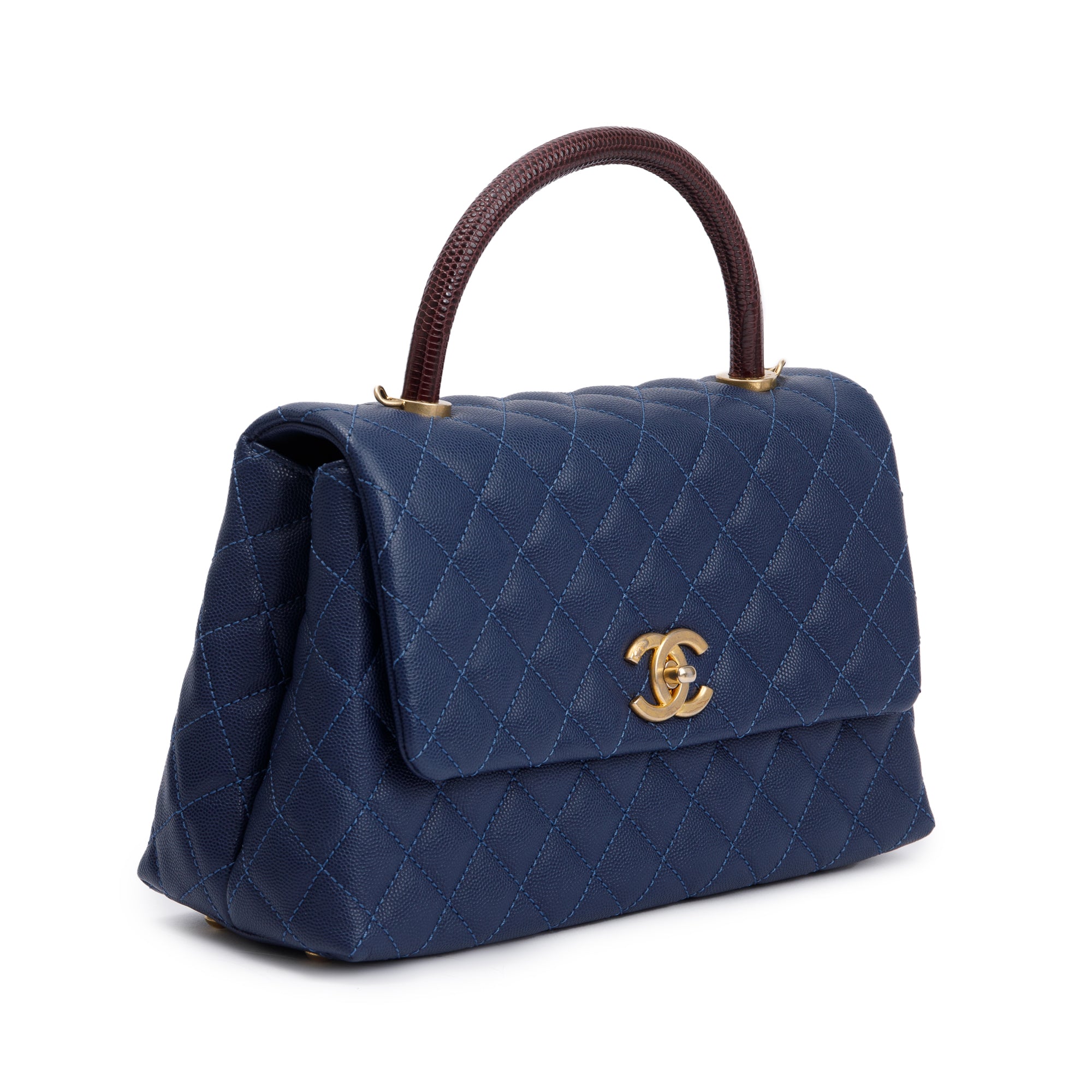 Chanel Navy Caviar Leather Lizard-Trimmed Small Coco Handle Bag w/ Box & Authenticity Card
