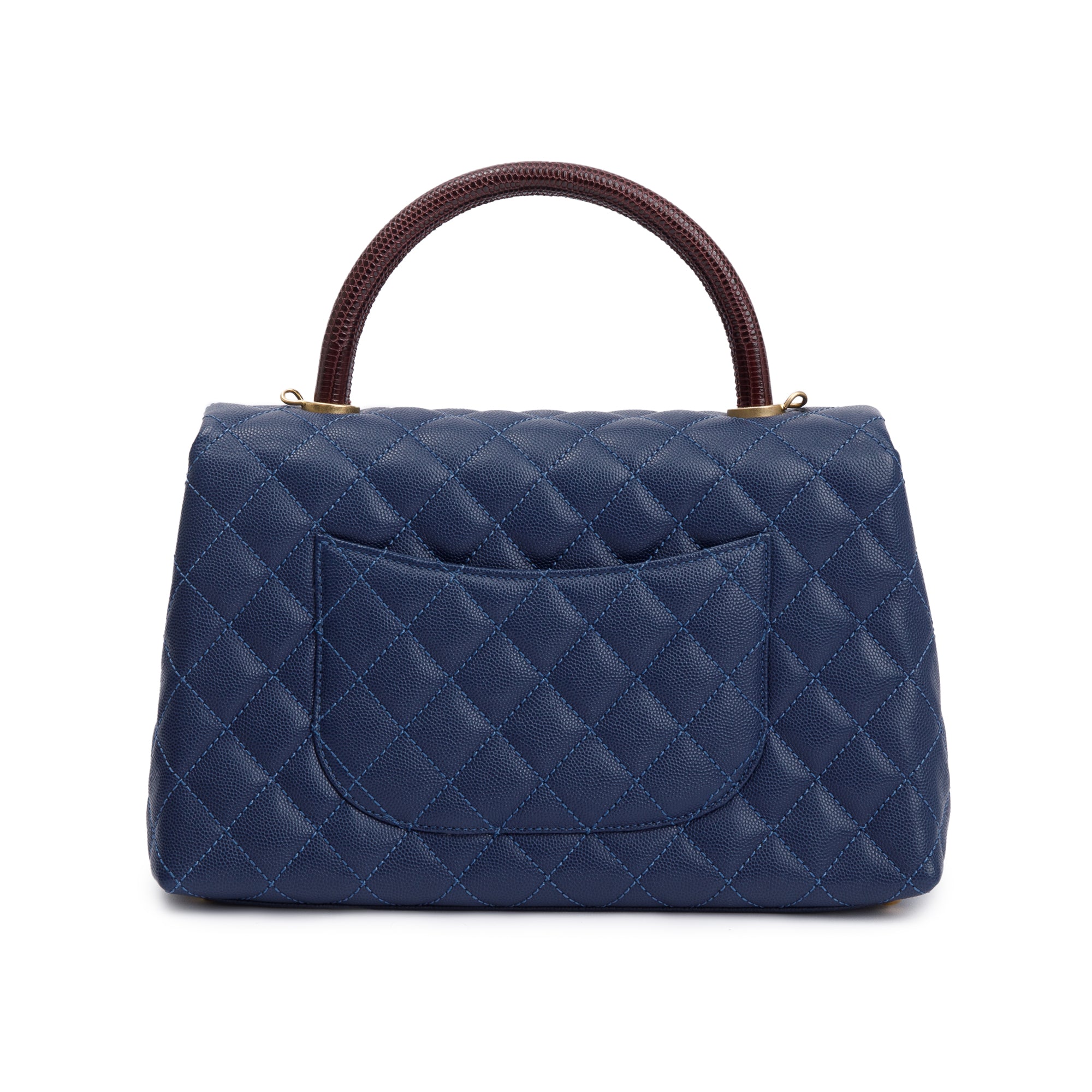 Chanel Navy Caviar Leather Lizard-Trimmed Small Coco Handle Bag w/ Box & Authenticity Card