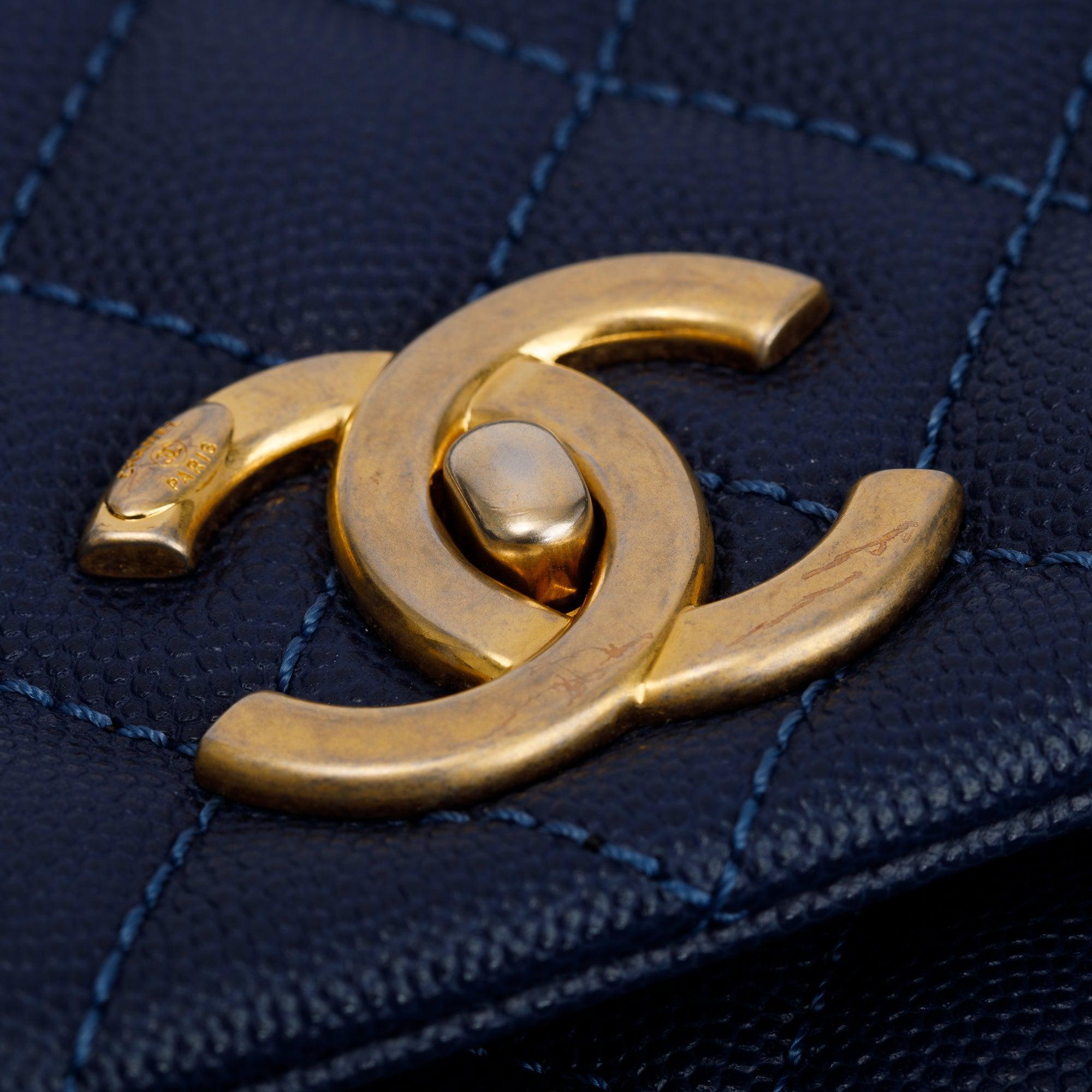 Chanel Navy Caviar Leather Lizard-Trimmed Small Coco Handle Bag w/ Box & Authenticity Card