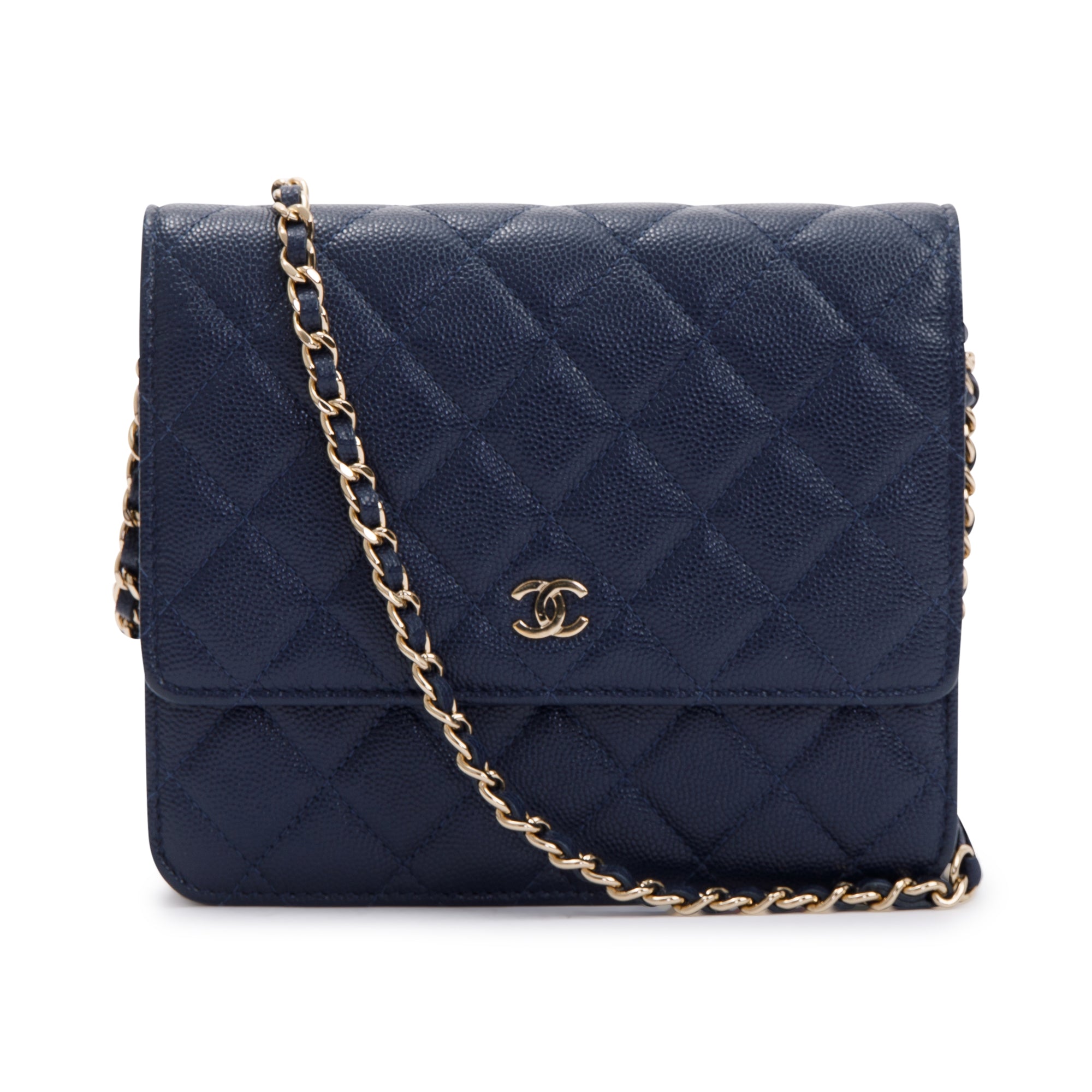 Chanel Navy Caviar Quilted Square Wallet on Chain w/ Box & Authenticity Card