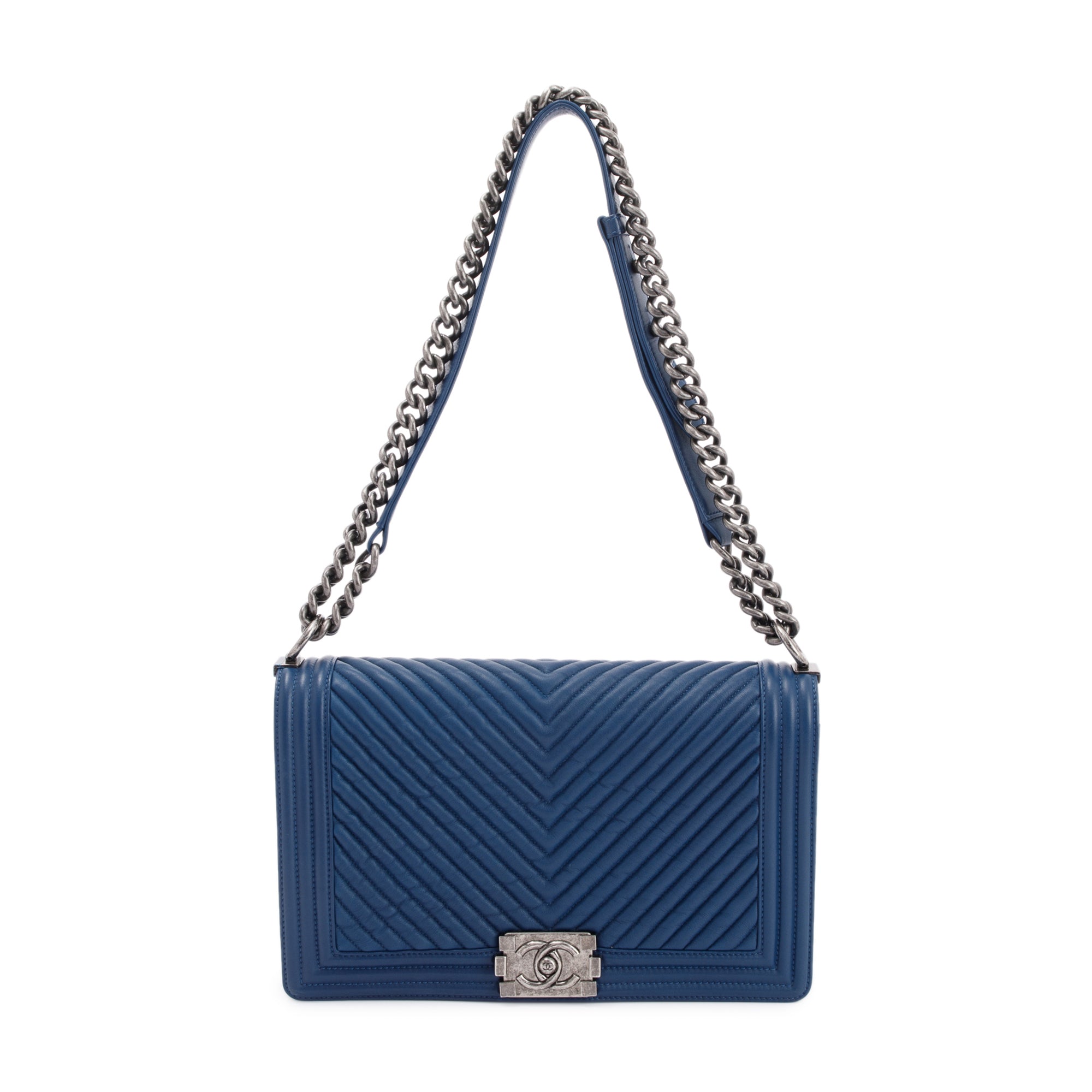 Chanel Navy Chevron Large Boy Bag
