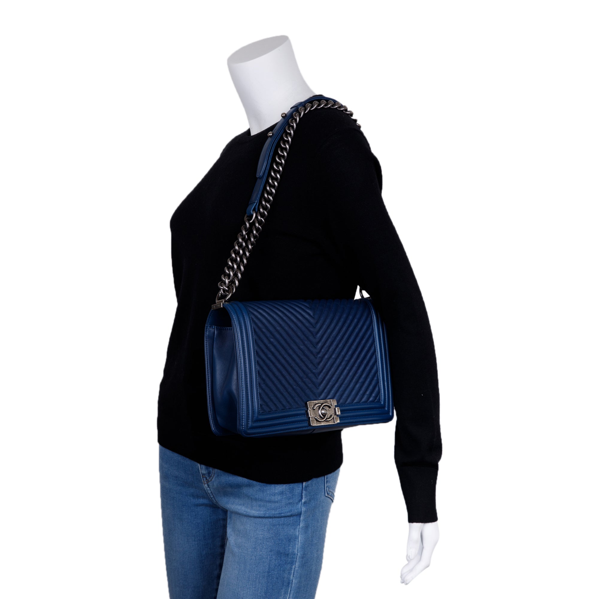 Chanel Navy Chevron Large Boy Bag w/ Authenticity Card
