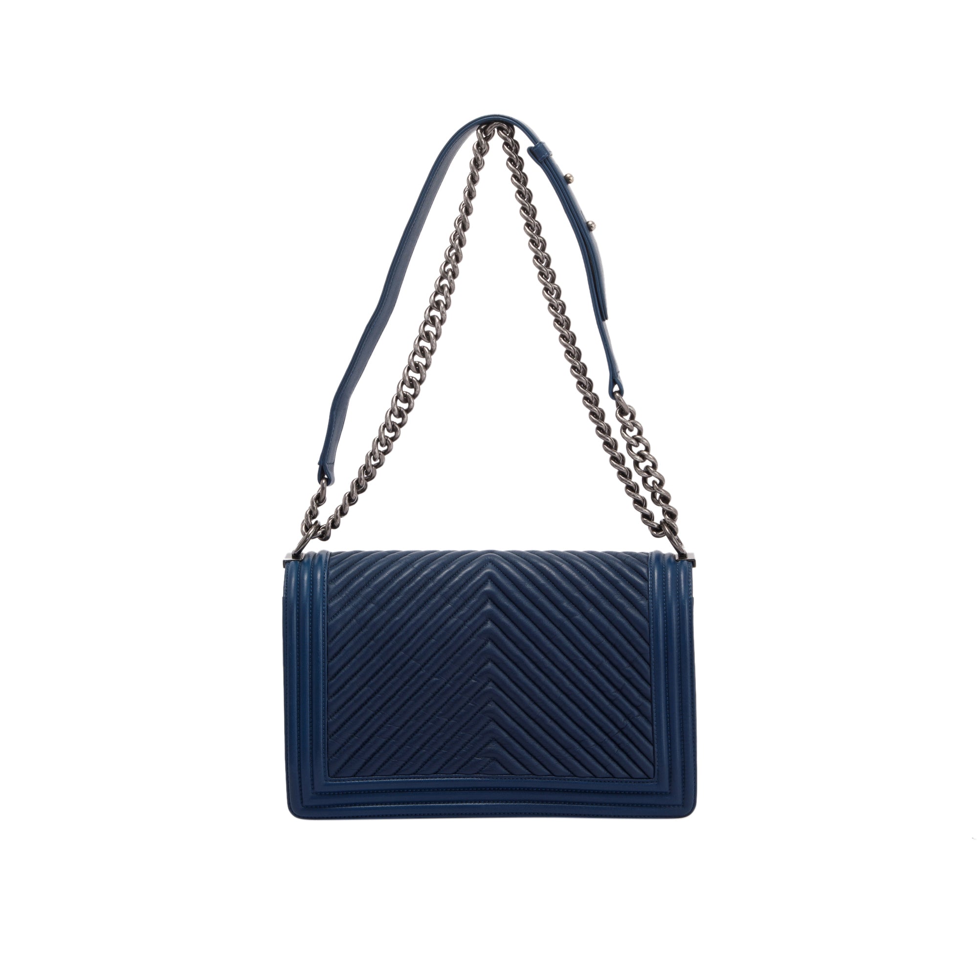 Chanel Navy Chevron Large Boy Bag w/ Authenticity Card