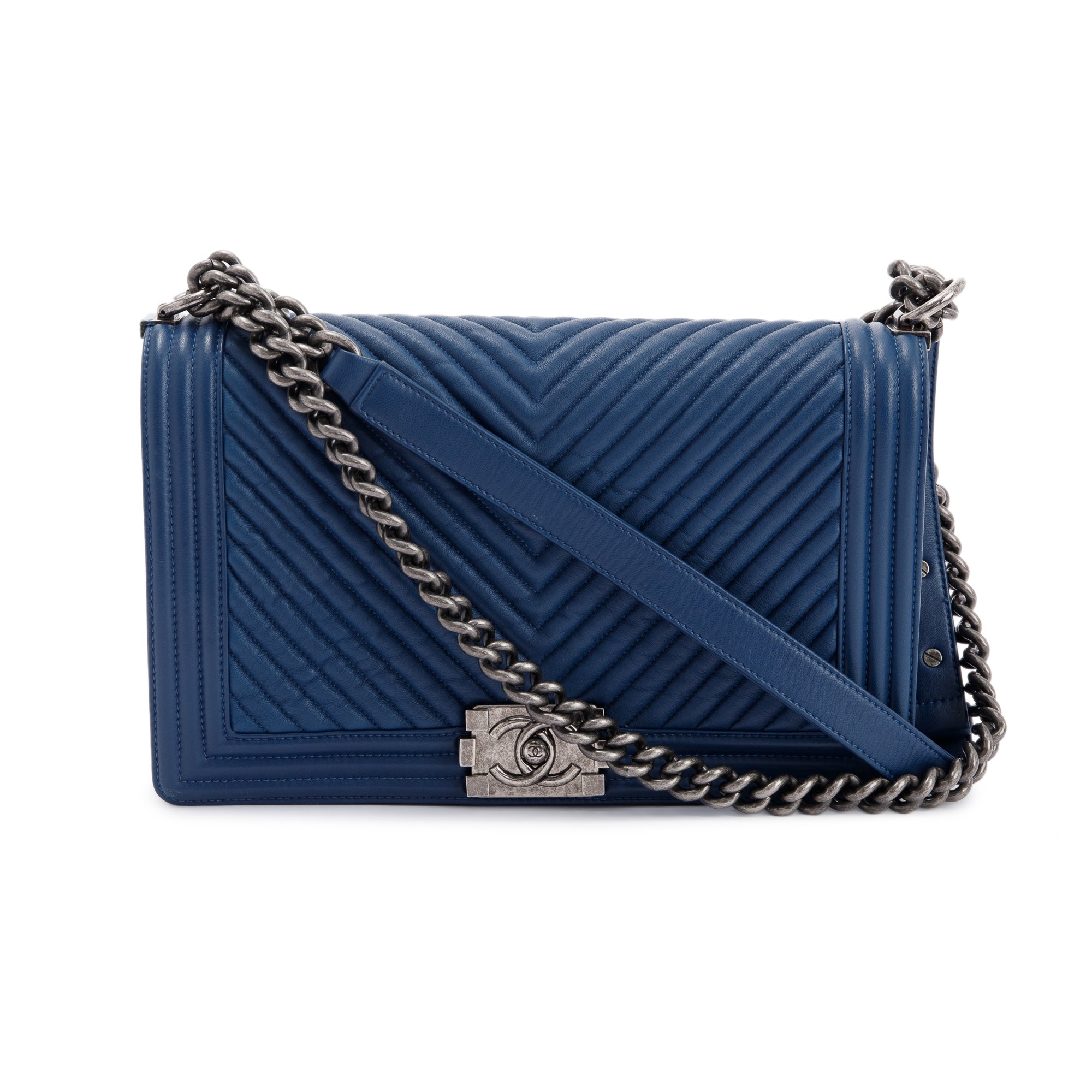 Chanel Navy Chevron Large Boy Bag