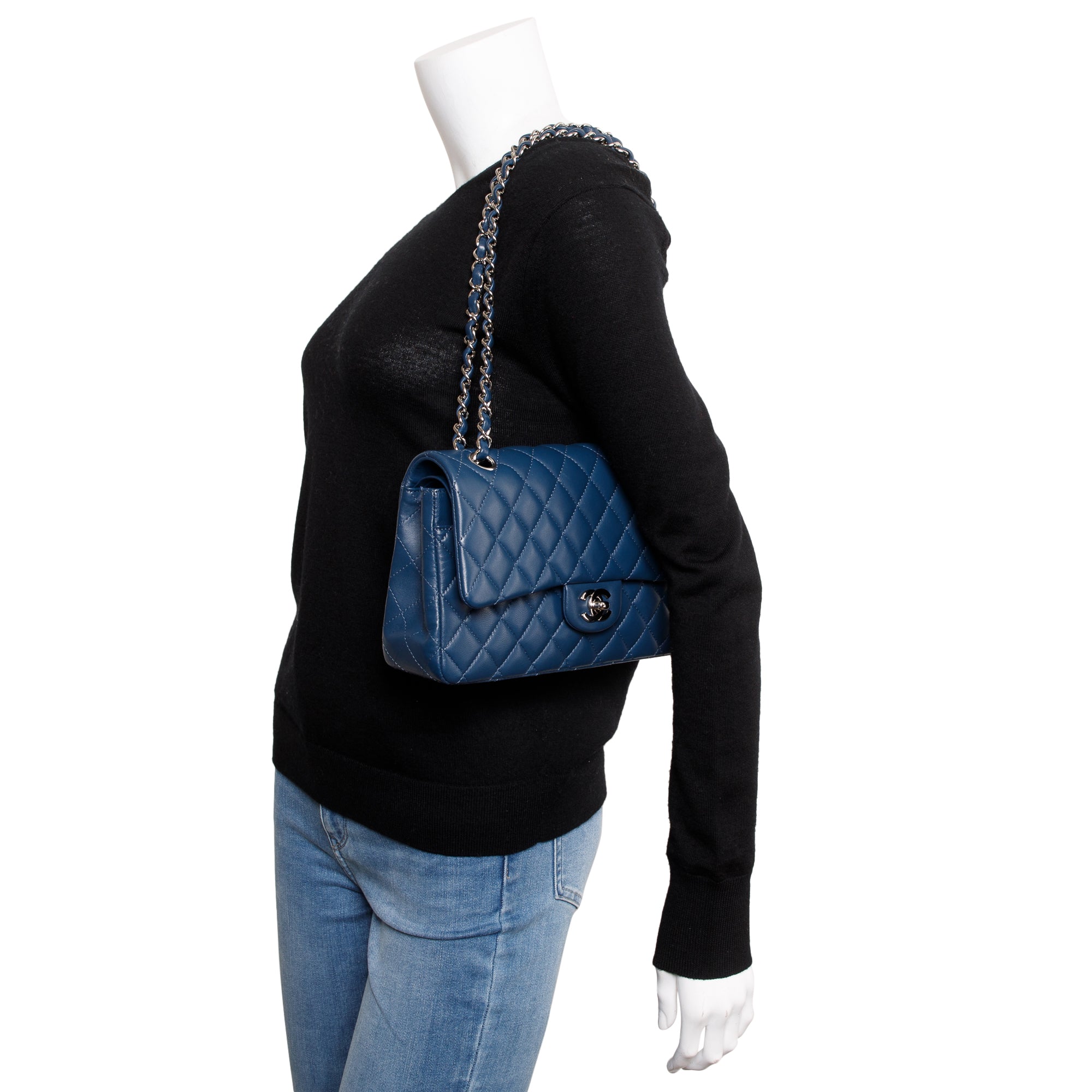 Chanel Navy Lambskin Leather Classic Medium Double Flap Bag w/ Box & Authenticity Card