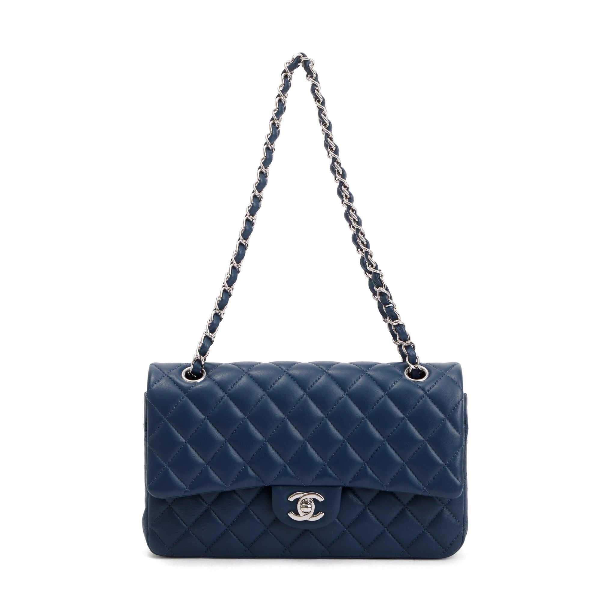 Chanel Navy Lambskin Leather Classic Medium Double Flap Bag w/ Box & Authenticity Card