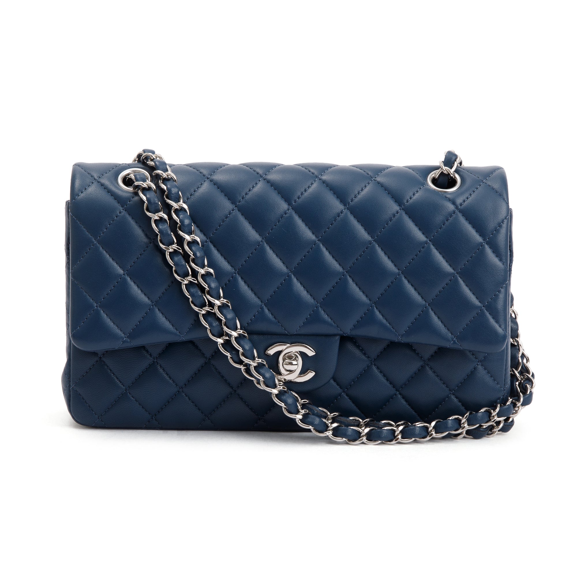 Chanel Navy Lambskin Leather Classic Medium Double Flap Bag w/ Box & Authenticity Card