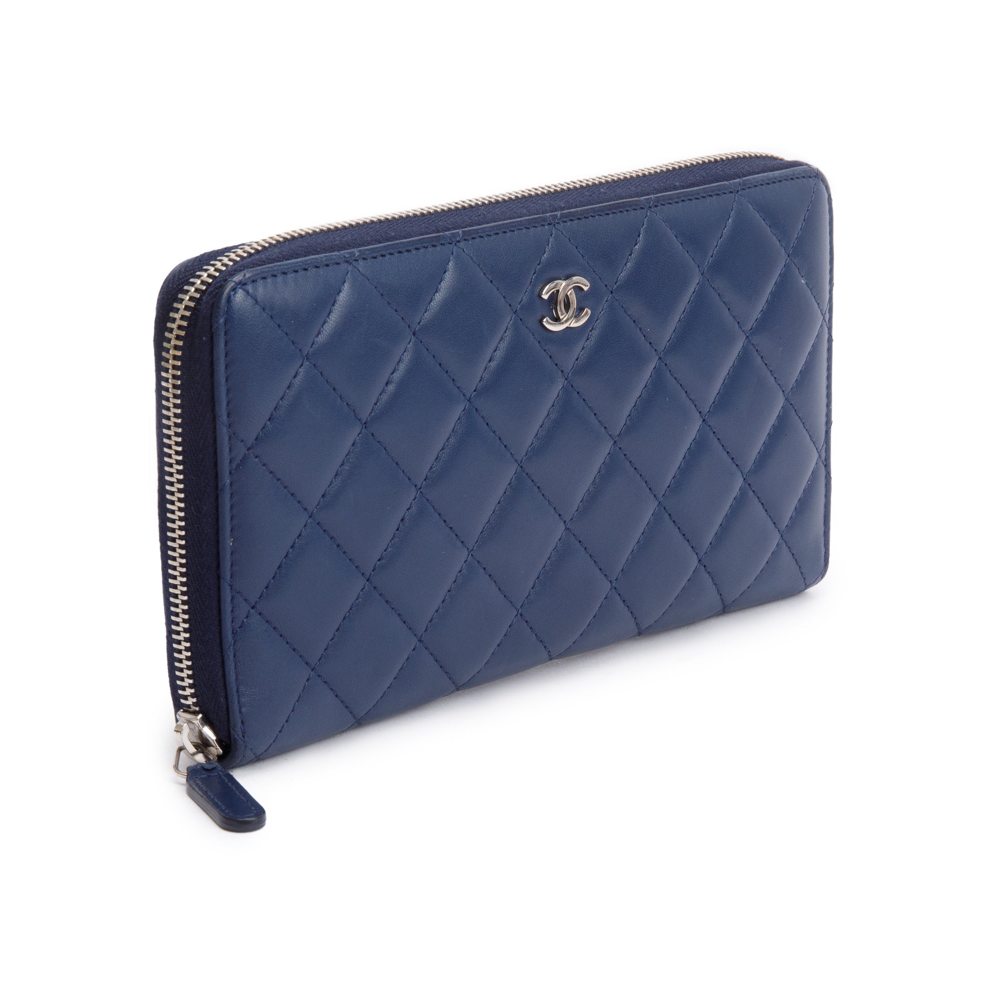 Chanel Navy Lambskin Leather Large Zip Around Organizer Wallet w/ Receipt & Authenticity Card