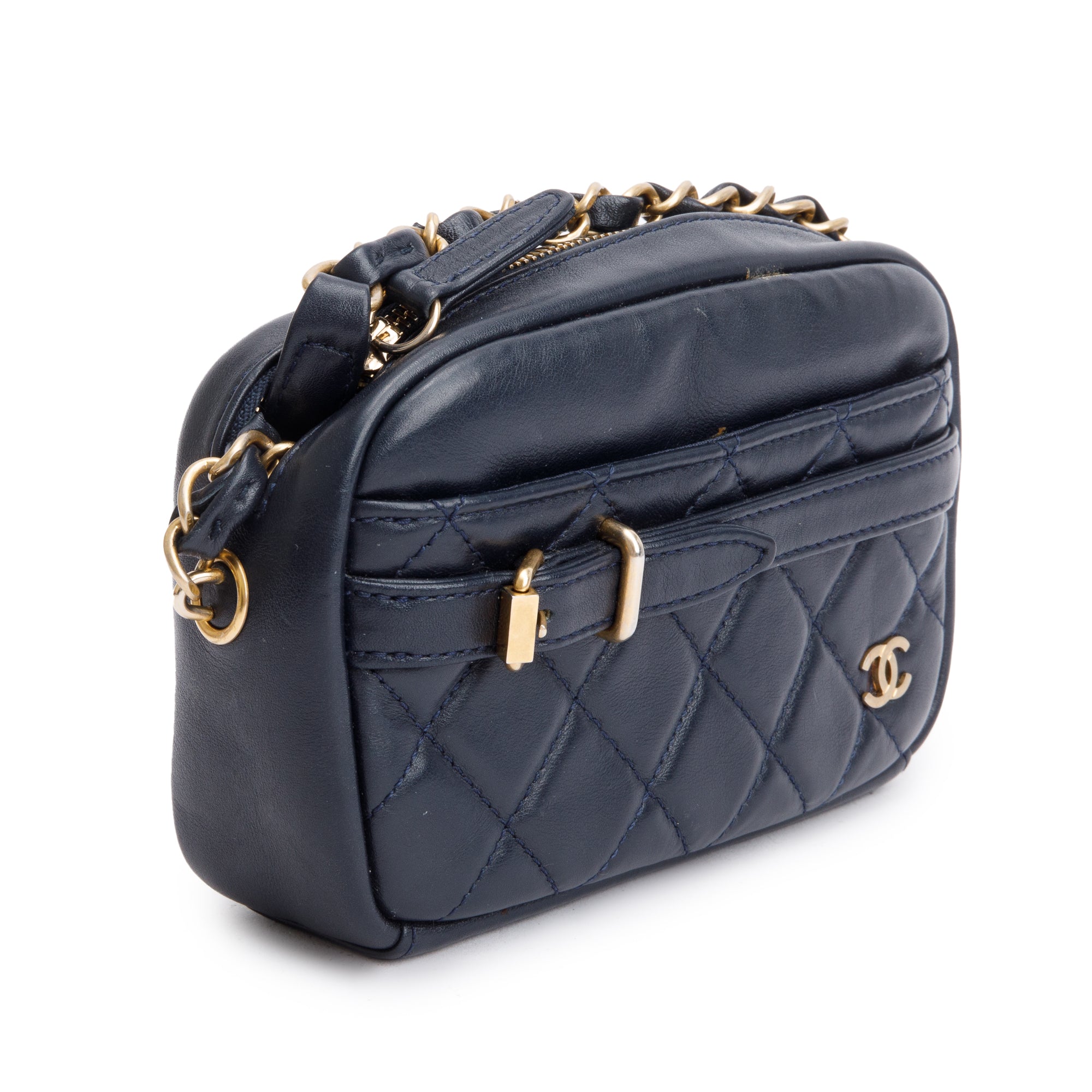 Chanel Navy Lambskin Leather Small Buckle Camera Case