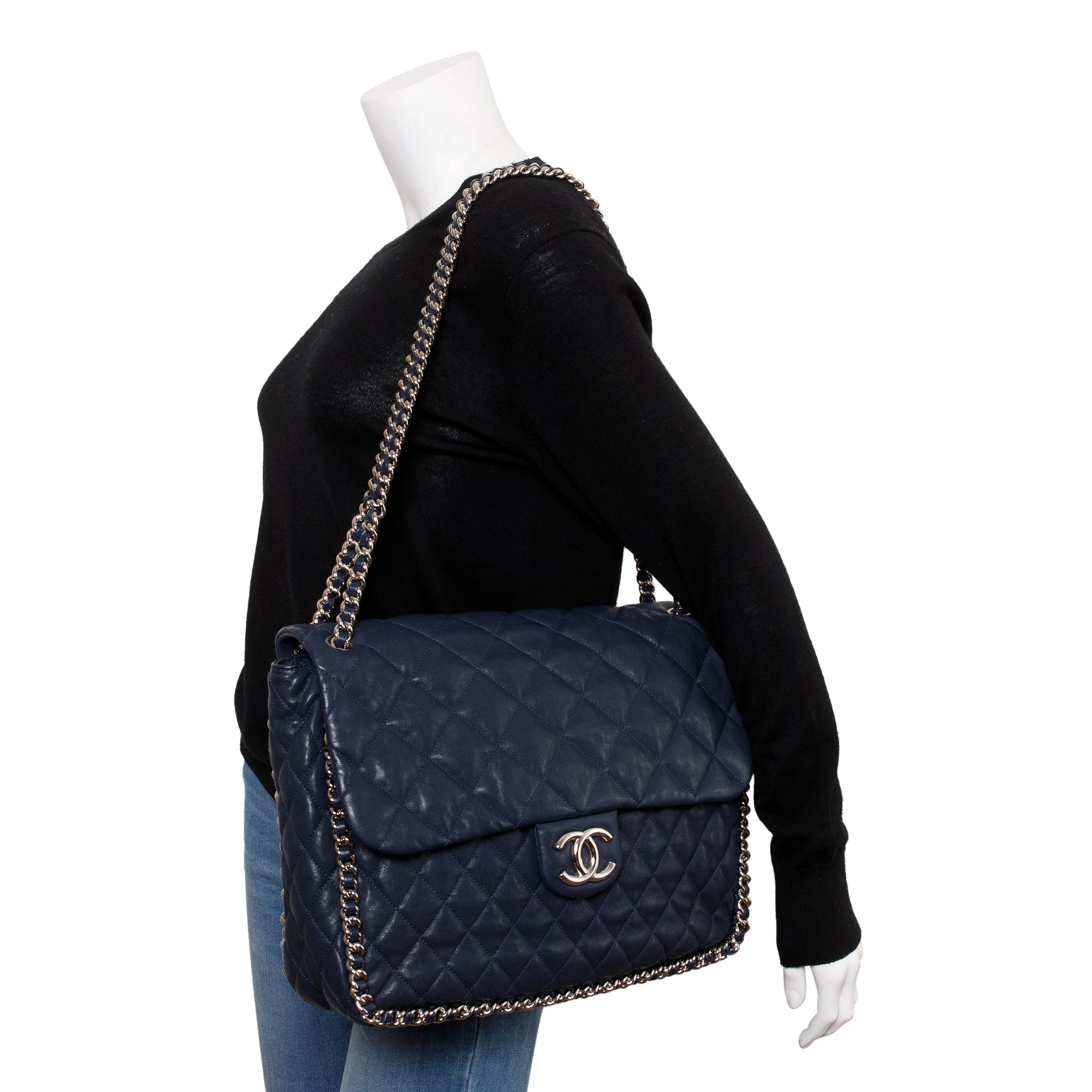 Chanel Navy Quilted Calfskin Leather Maxi Chain Around Flap Bag w/ Authenticity Card