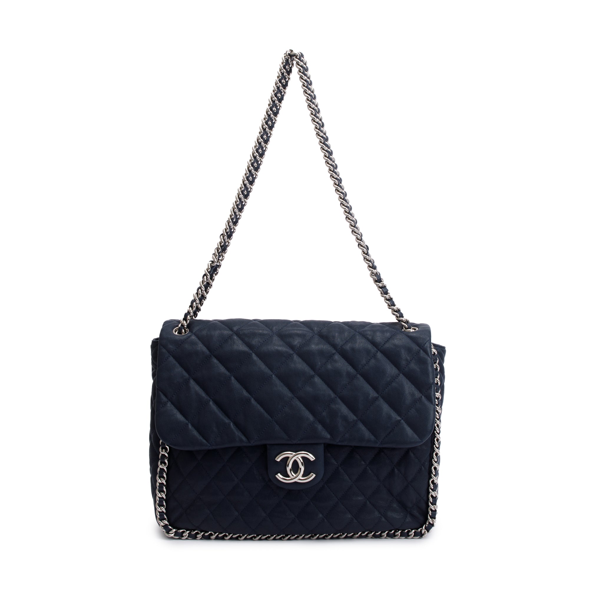 Chanel Navy Quilted Calfskin Leather Maxi Chain Around Flap Bag w/ Authenticity Card