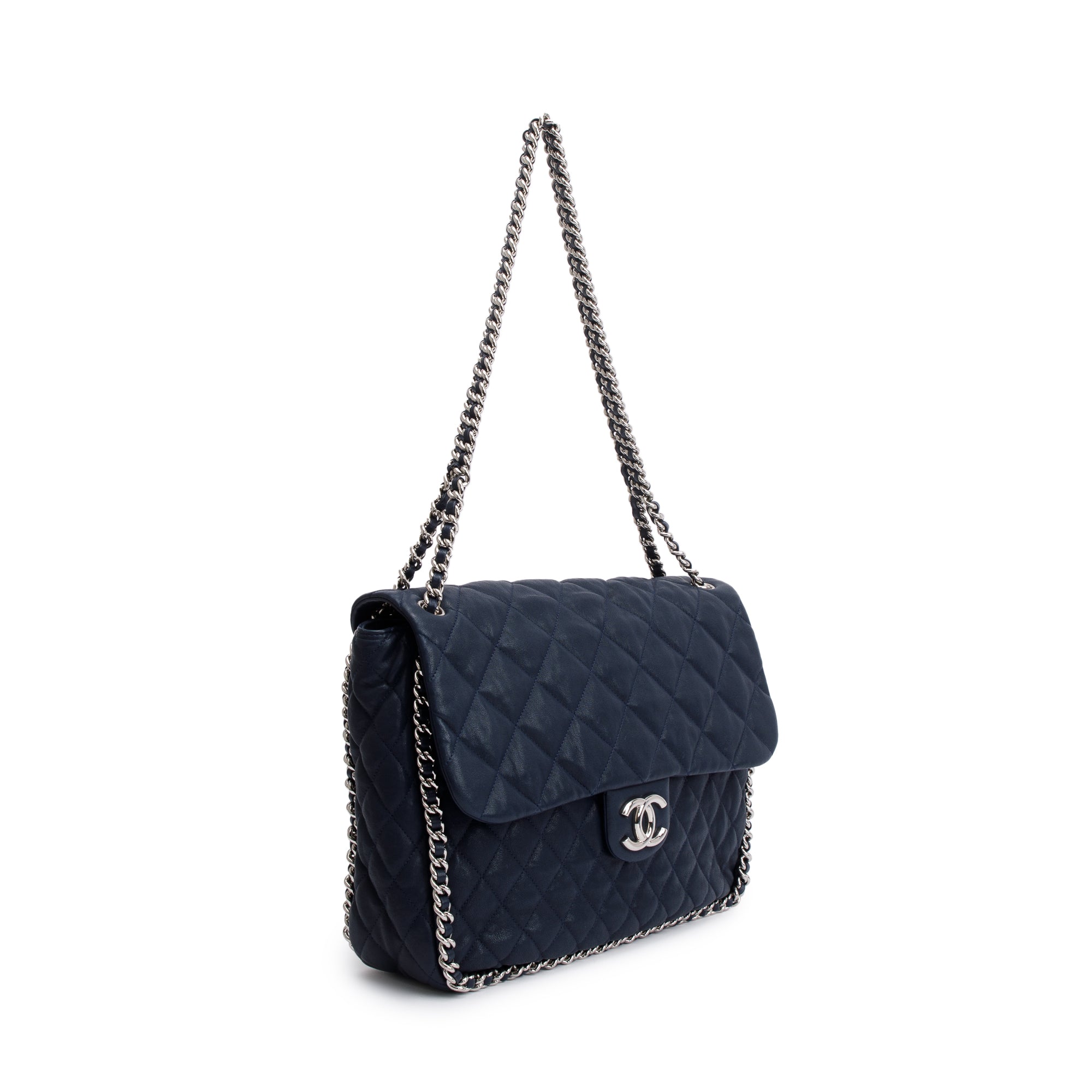 Chanel Navy Quilted Calfskin Leather Maxi Chain Around Flap Bag w/ Authenticity Card
