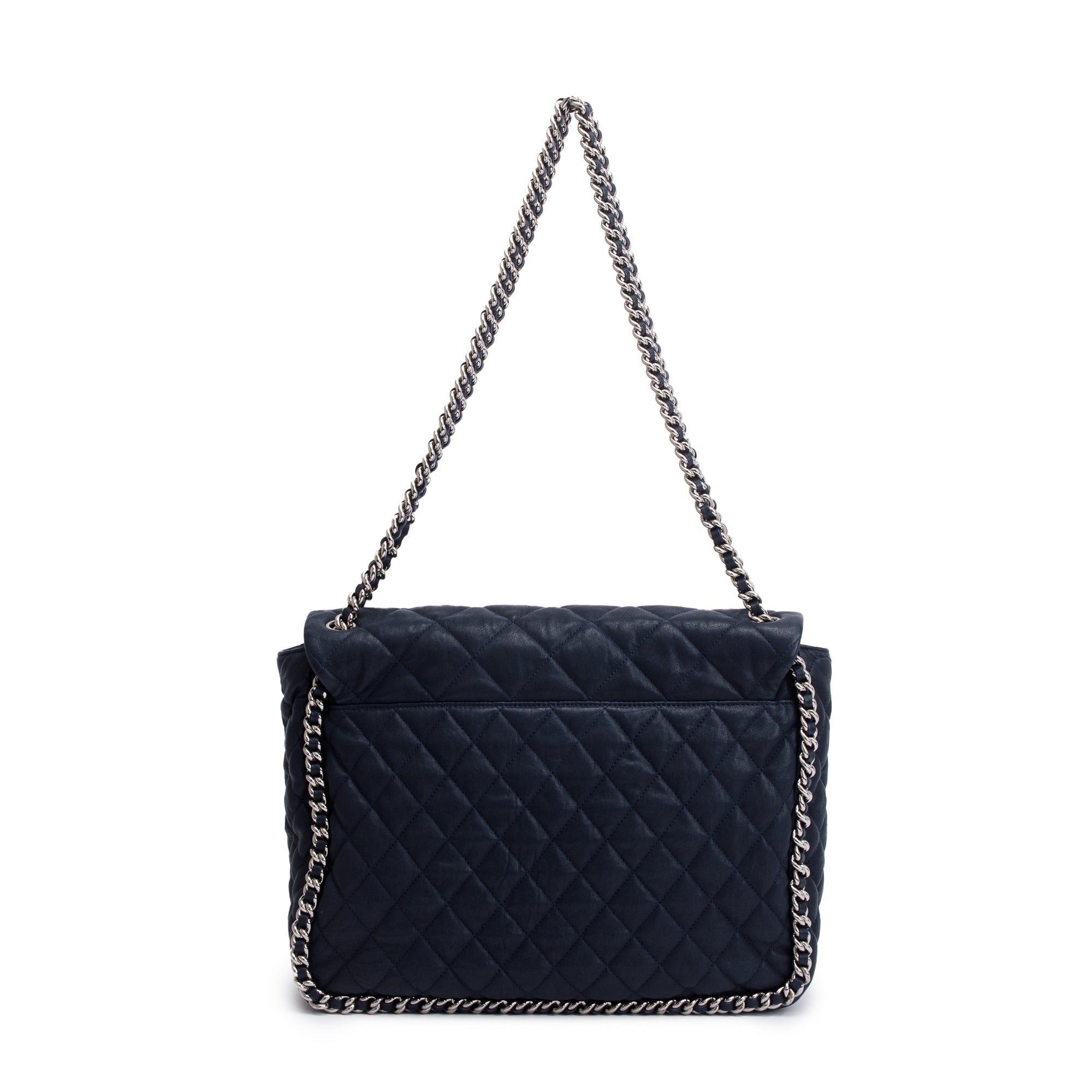 Chanel Navy Quilted Calfskin Leather Maxi Chain Around Flap Bag w/ Authenticity Card