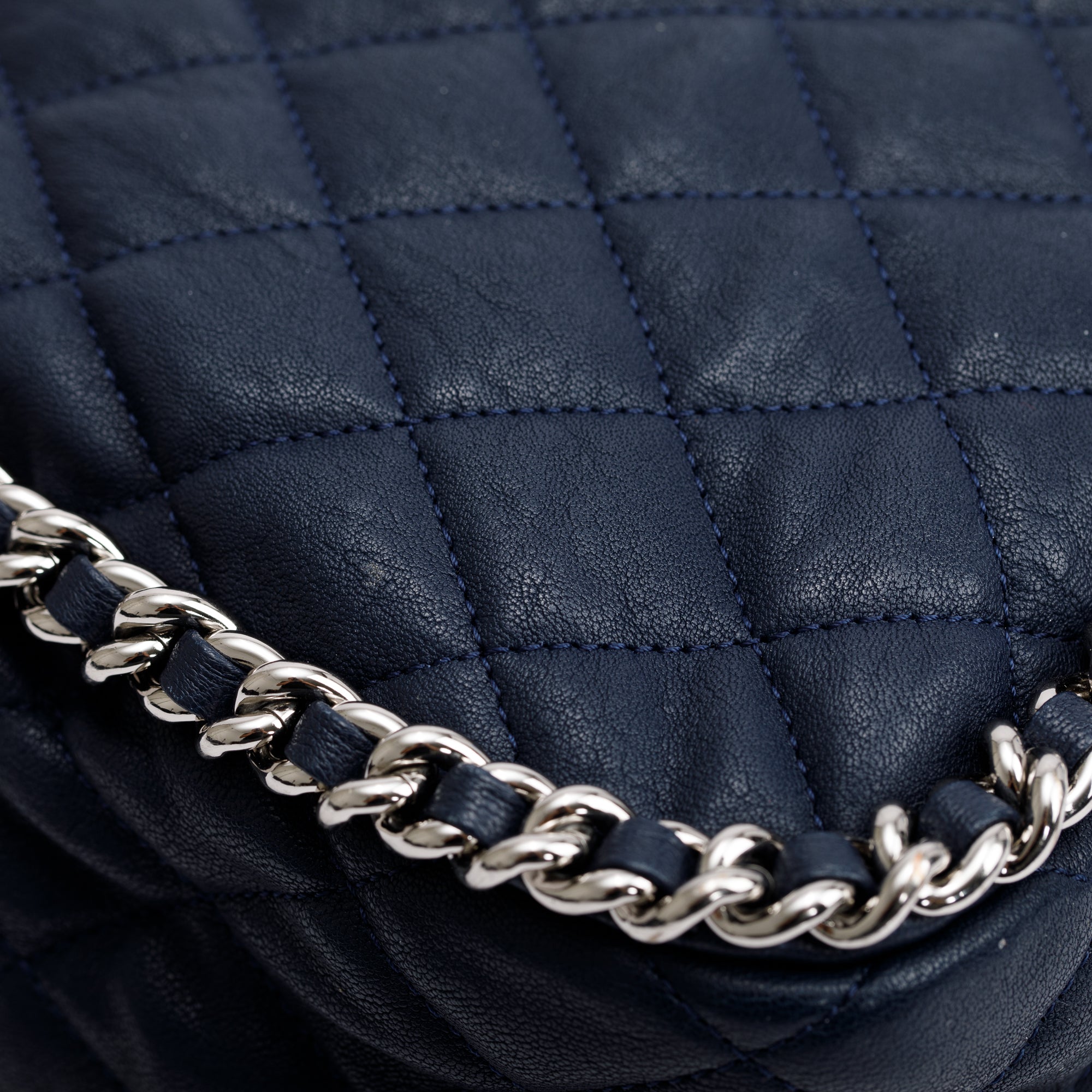 Chanel Navy Quilted Calfskin Leather Maxi Chain Around Flap Bag w/ Authenticity Card