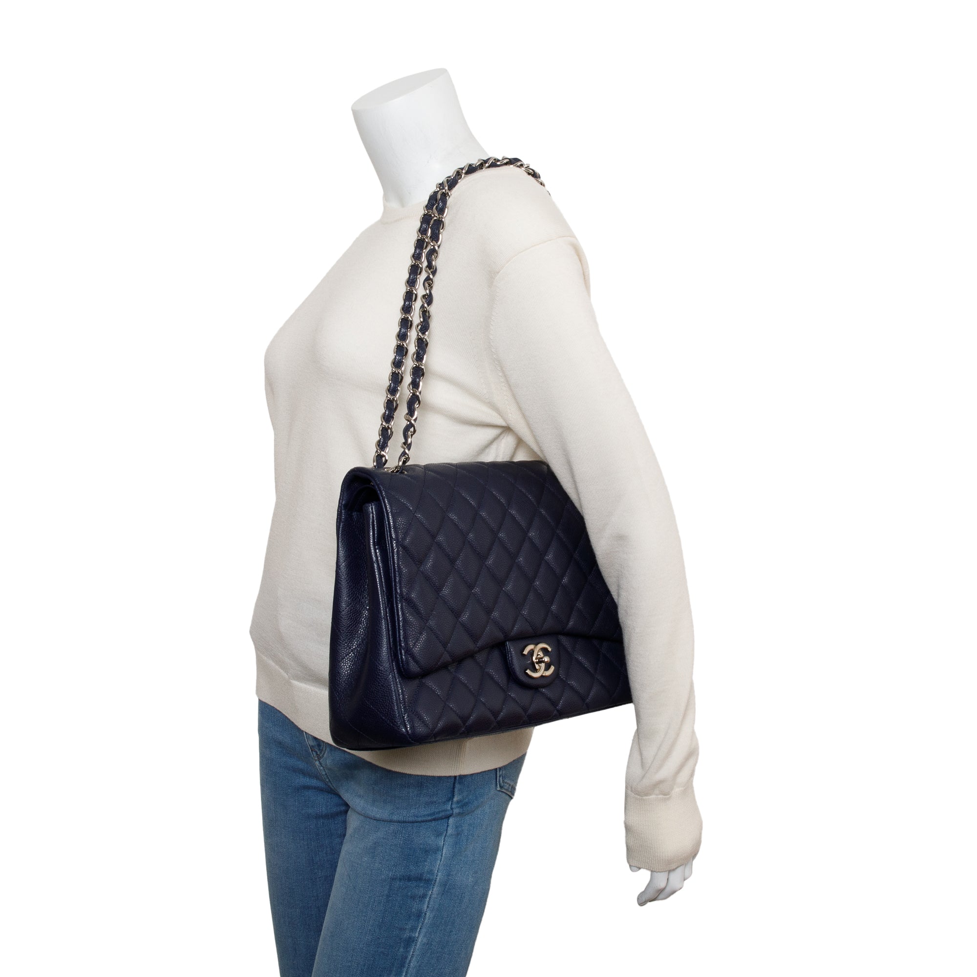 Chanel Navy Quilted Caviar Leather Classic Maxi Double Flap Bag w/ Box