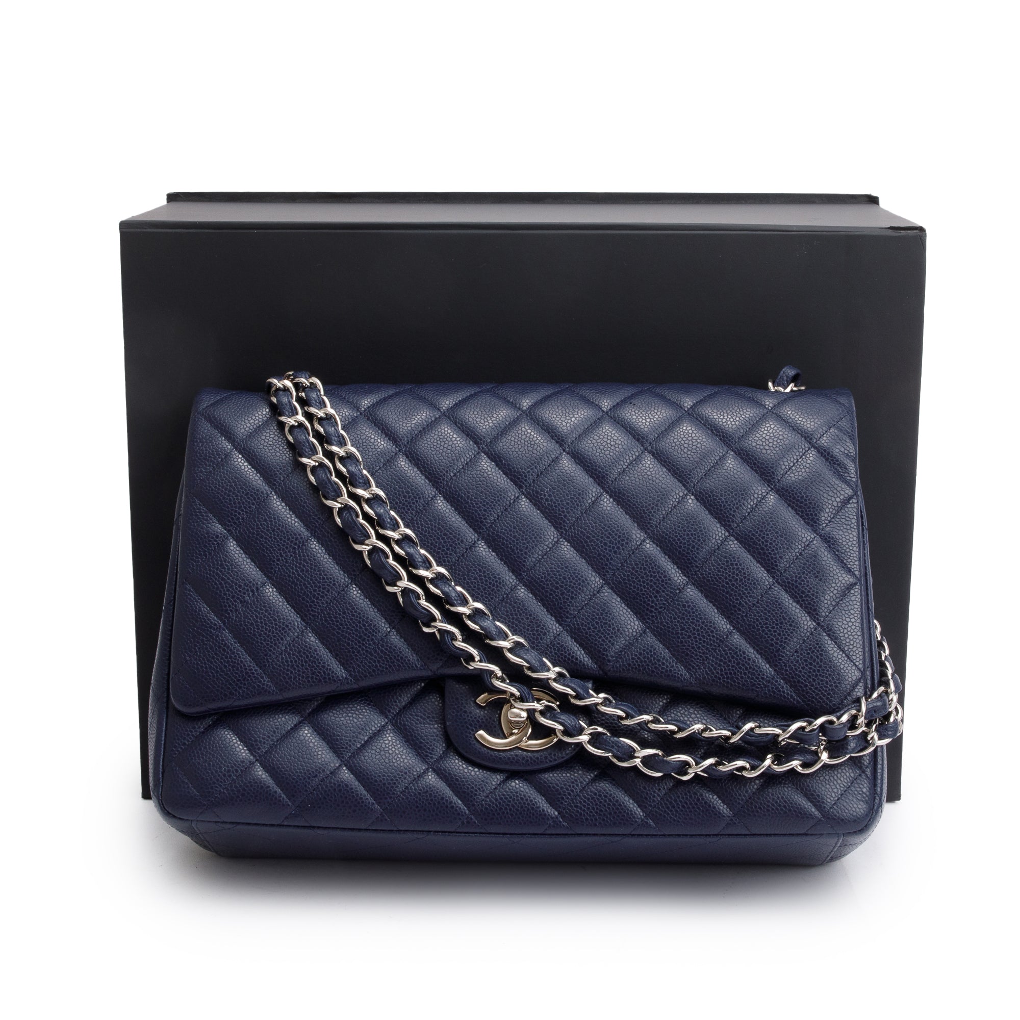 Chanel Navy Quilted Caviar Leather Classic Maxi Double Flap Bag w/ Box