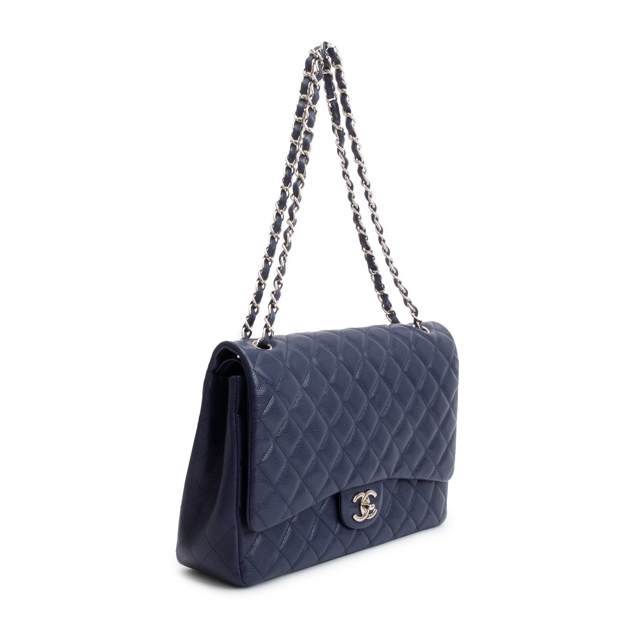 Chanel Navy Quilted Caviar Leather Classic Maxi Double Flap Bag w/ Box