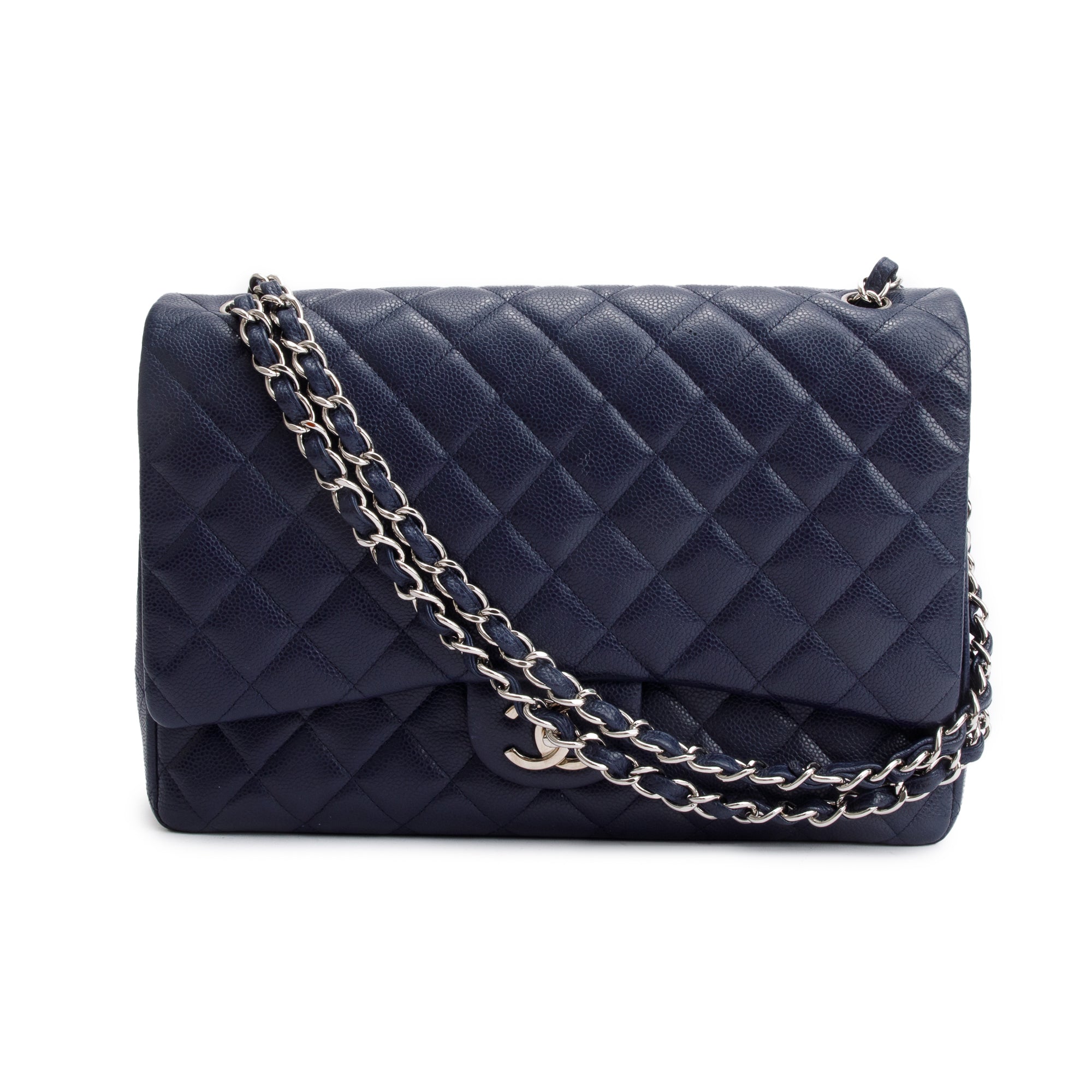 Chanel Navy Quilted Caviar Leather Classic Maxi Double Flap Bag w/ Box