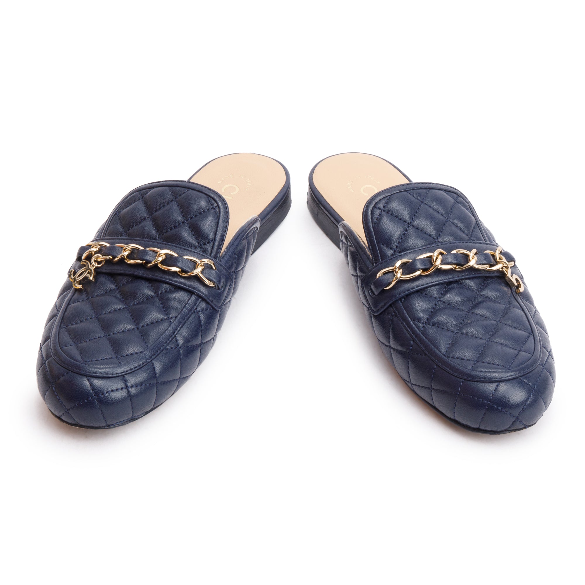 Chanel Navy Quilted Lambskin Leather Interlocking CC Logo Chain Accent Mules, Size 35.5 w/ Box
