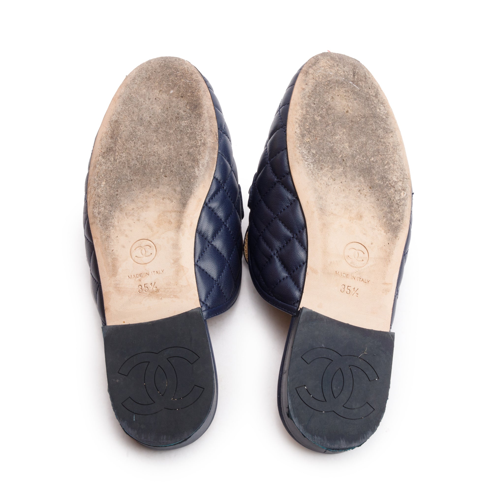 Chanel Navy Quilted Lambskin Leather Interlocking CC Logo Chain Accent Mules, Size 35.5 w/ Box