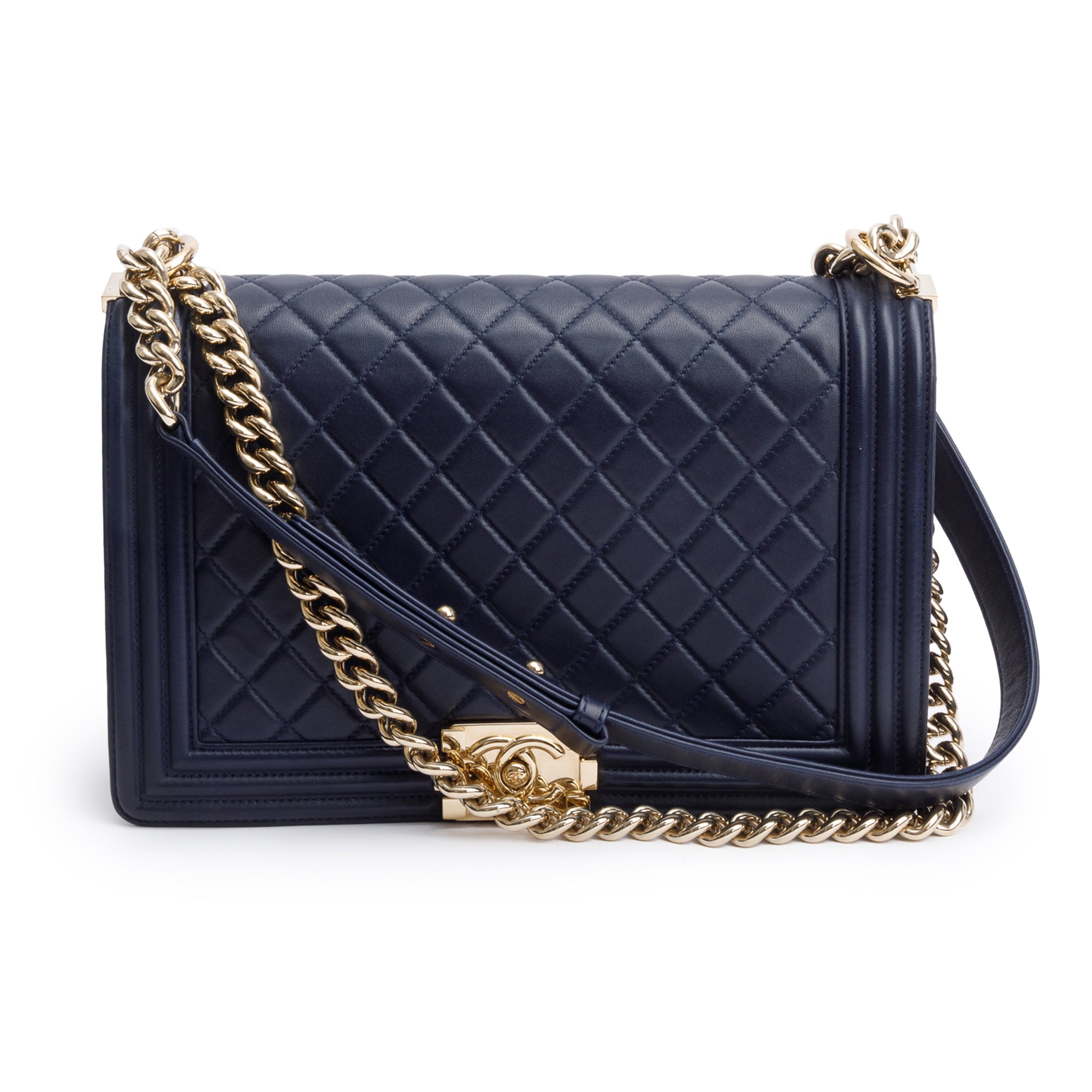 Chanel Navy Quilted Lambskin Leather Large Boy Bag