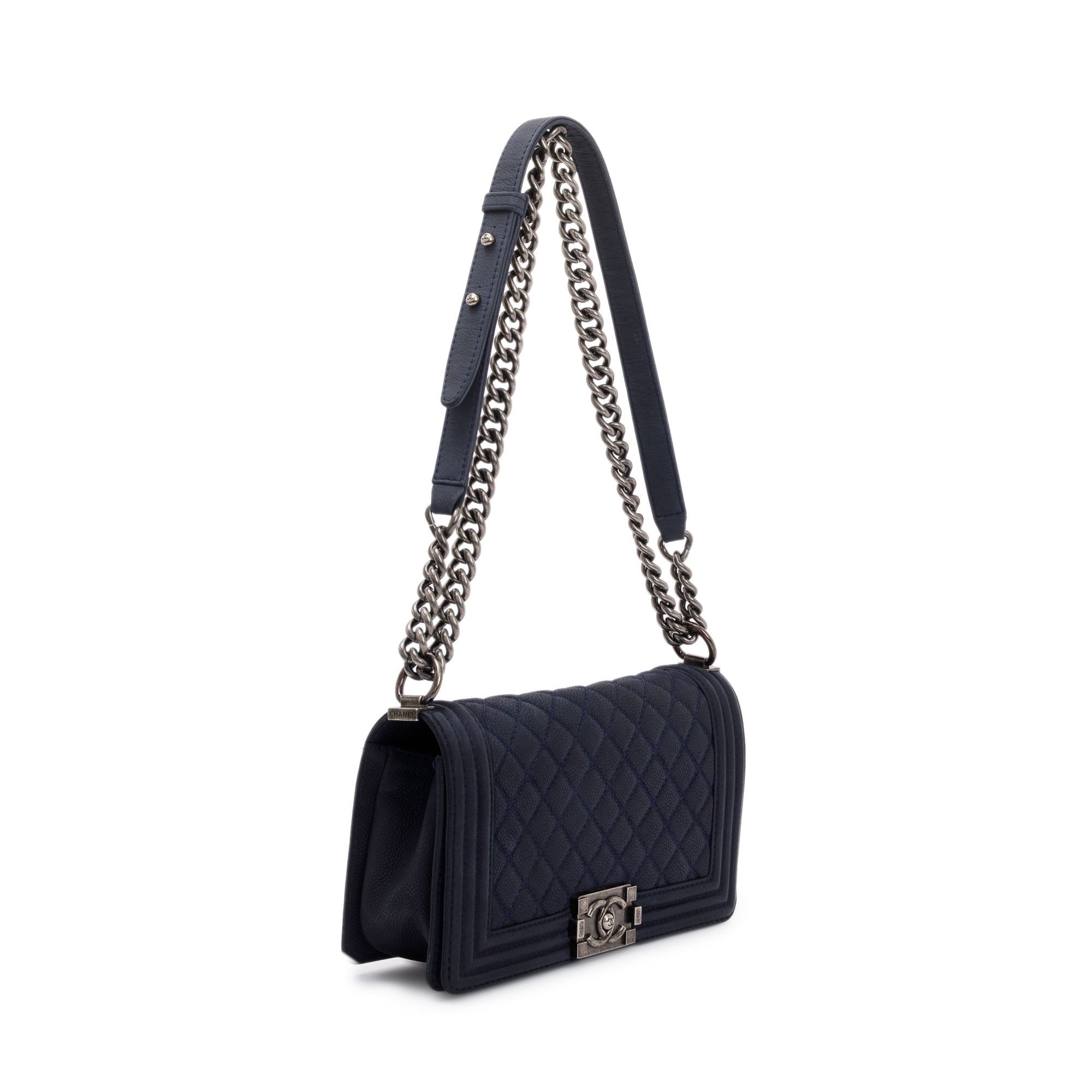 Chanel Navy Suede Calfskin Medium Boy Bag w/ Box