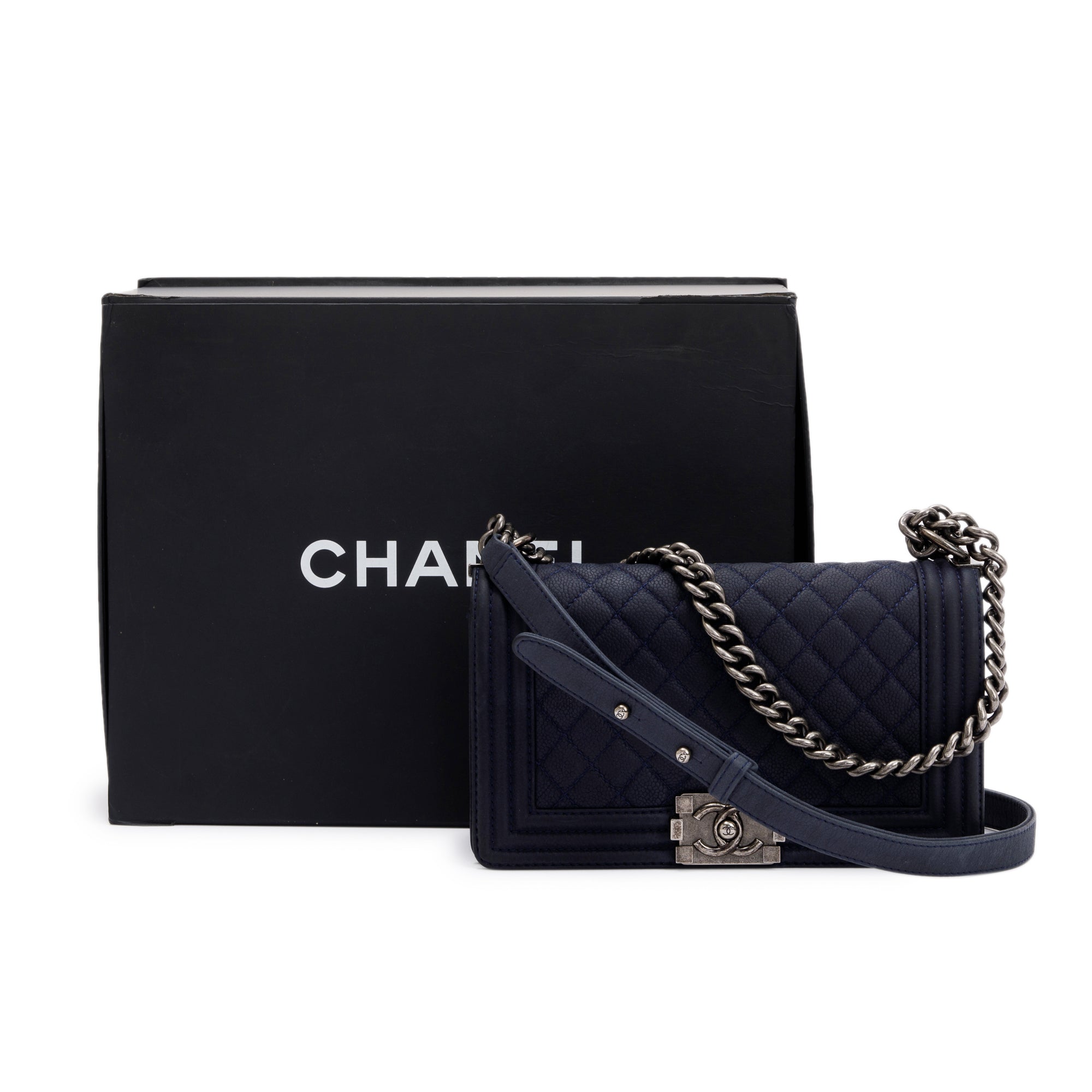 Chanel Navy Suede Calfskin Medium Boy Bag w/ Box