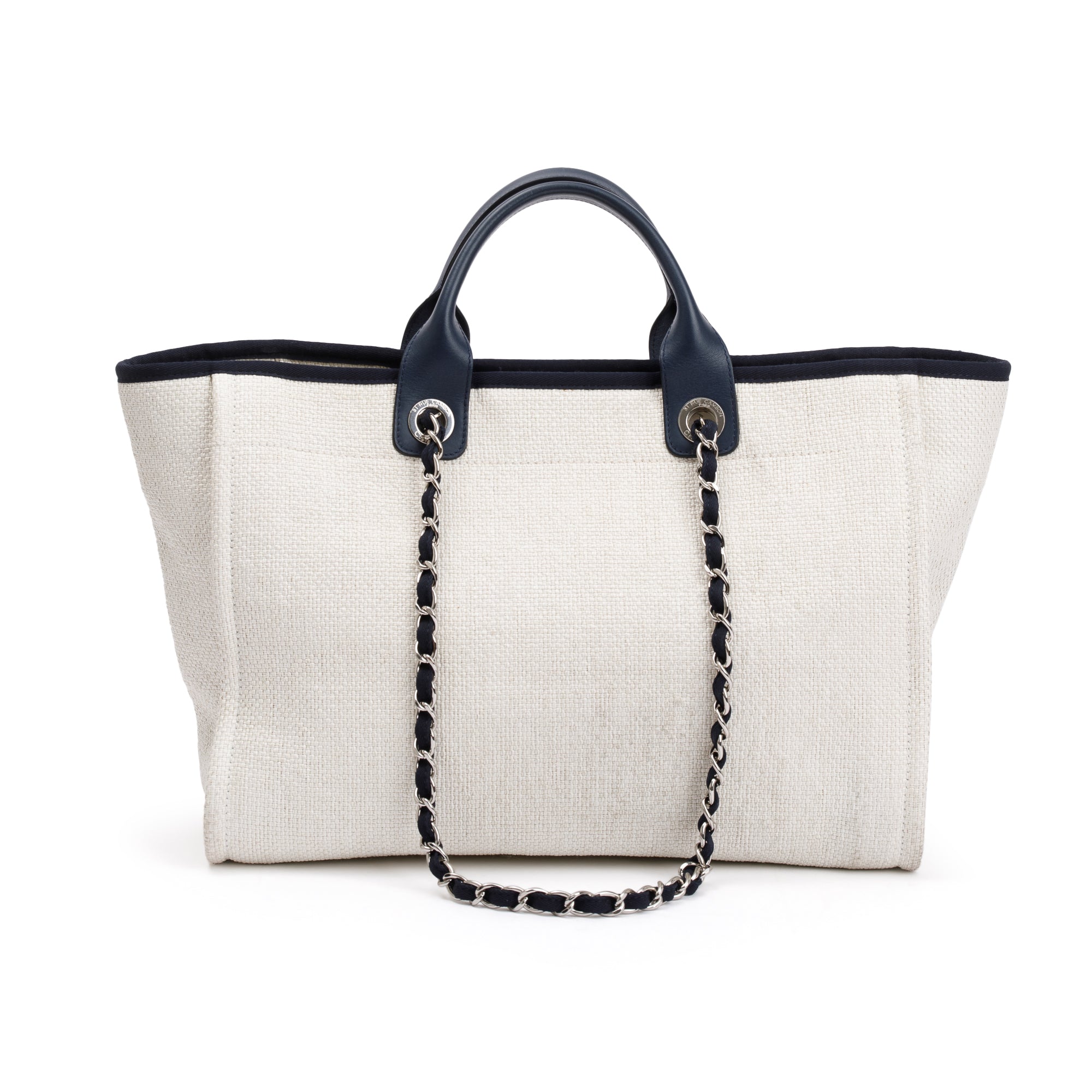 Chanel Neutral Canvas Navy Calfskin Medium Deauville Tote w/ Authenticity Card