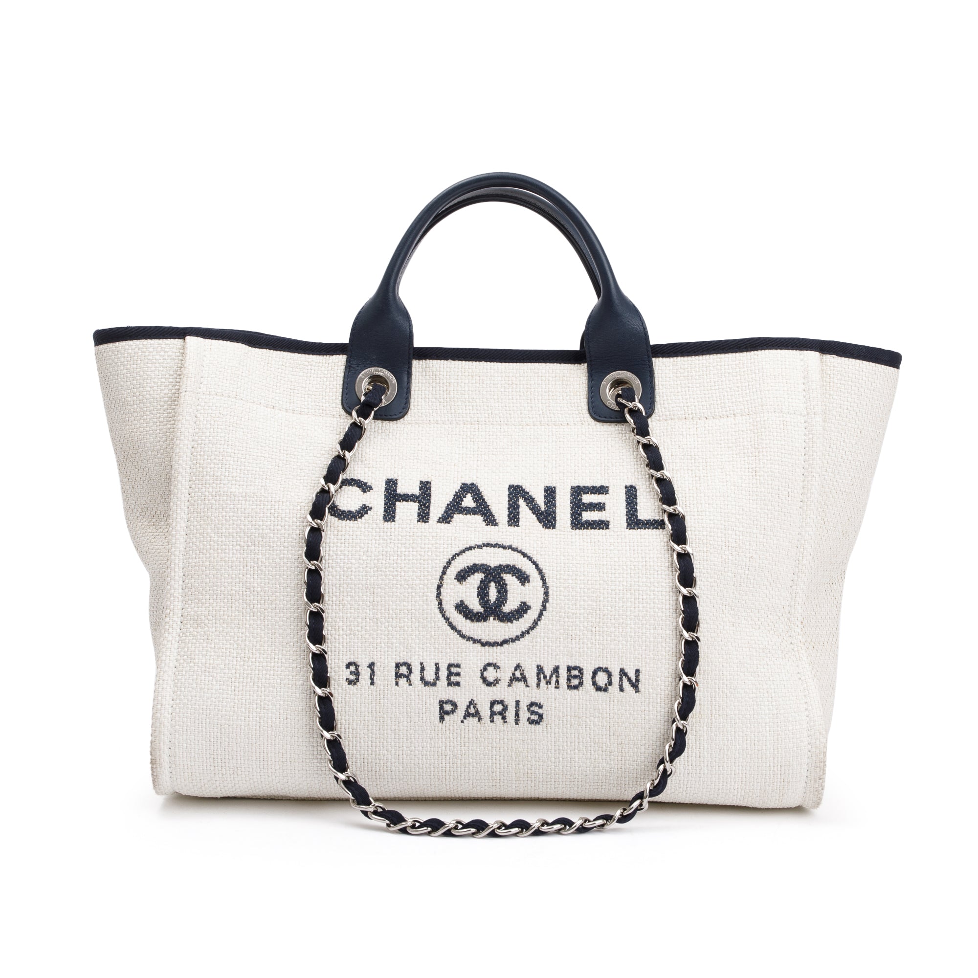 Chanel Neutral Canvas Navy Calfskin Medium Deauville Tote w/ Authenticity Card