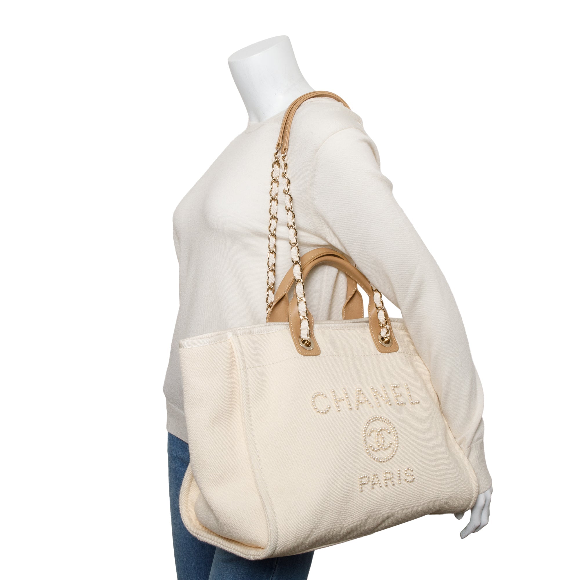 Chanel Neutral Canvas Tan Calfskin Pearl Medium Deauville Shopping Tote w/ Authenticity Card