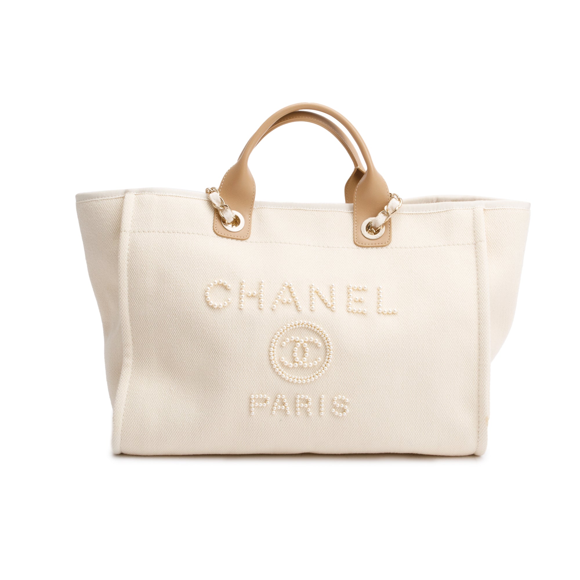 Chanel Neutral Canvas Tan Calfskin Pearl Medium Deauville Shopping Tote w/ Authenticity Card