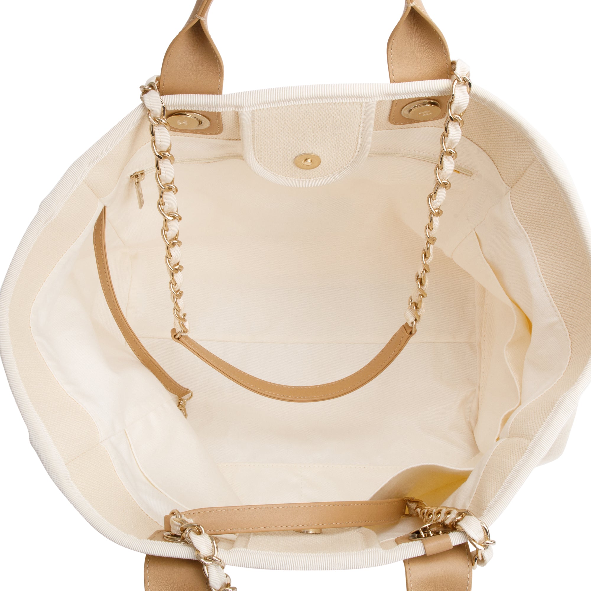 Chanel Neutral Canvas Tan Calfskin Pearl Medium Deauville Shopping Tote w/ Authenticity Card