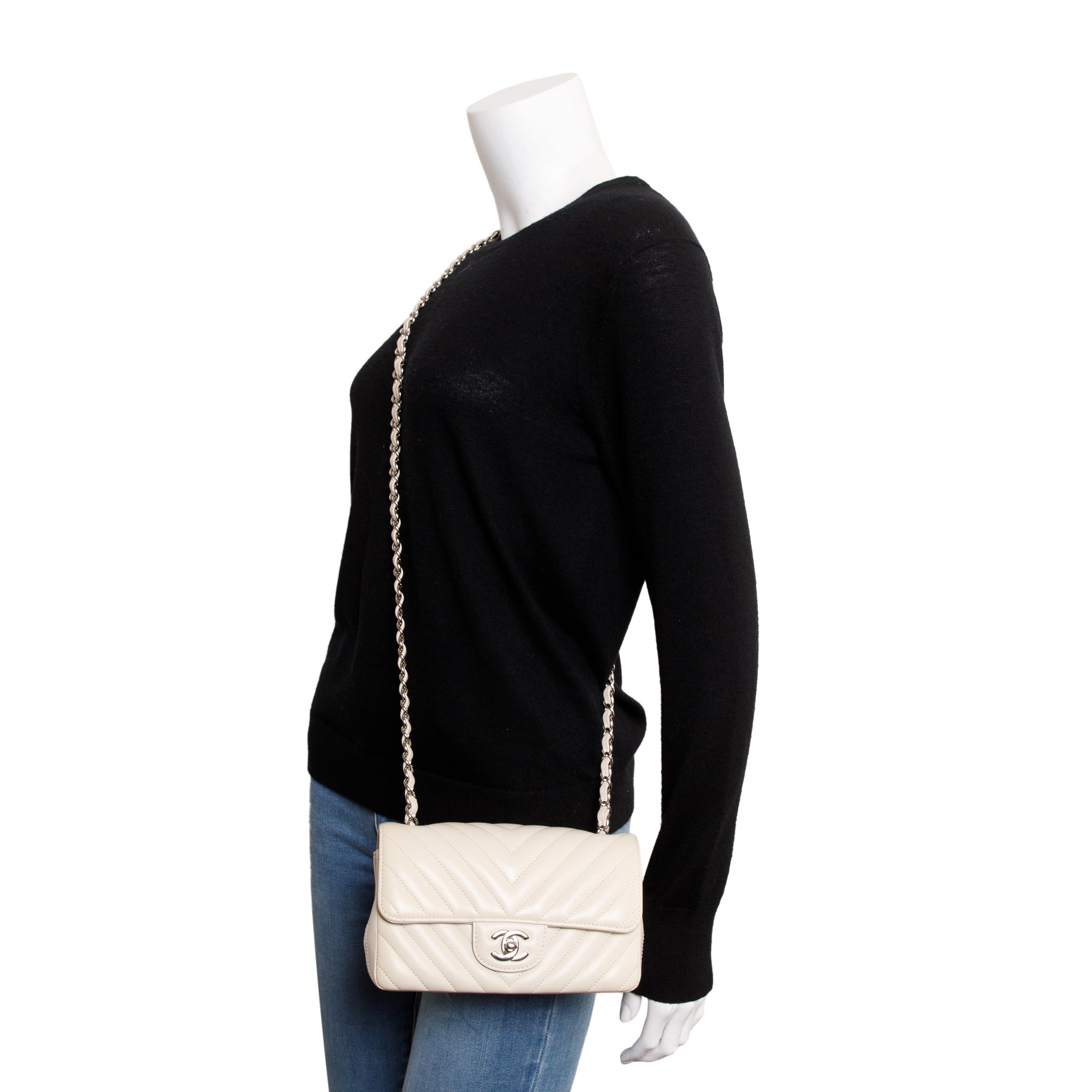 Chanel Neutral Chevron Quilted Lambskin Classic Mini Rectangular Flap Bag w/ Box & Authenticity Card