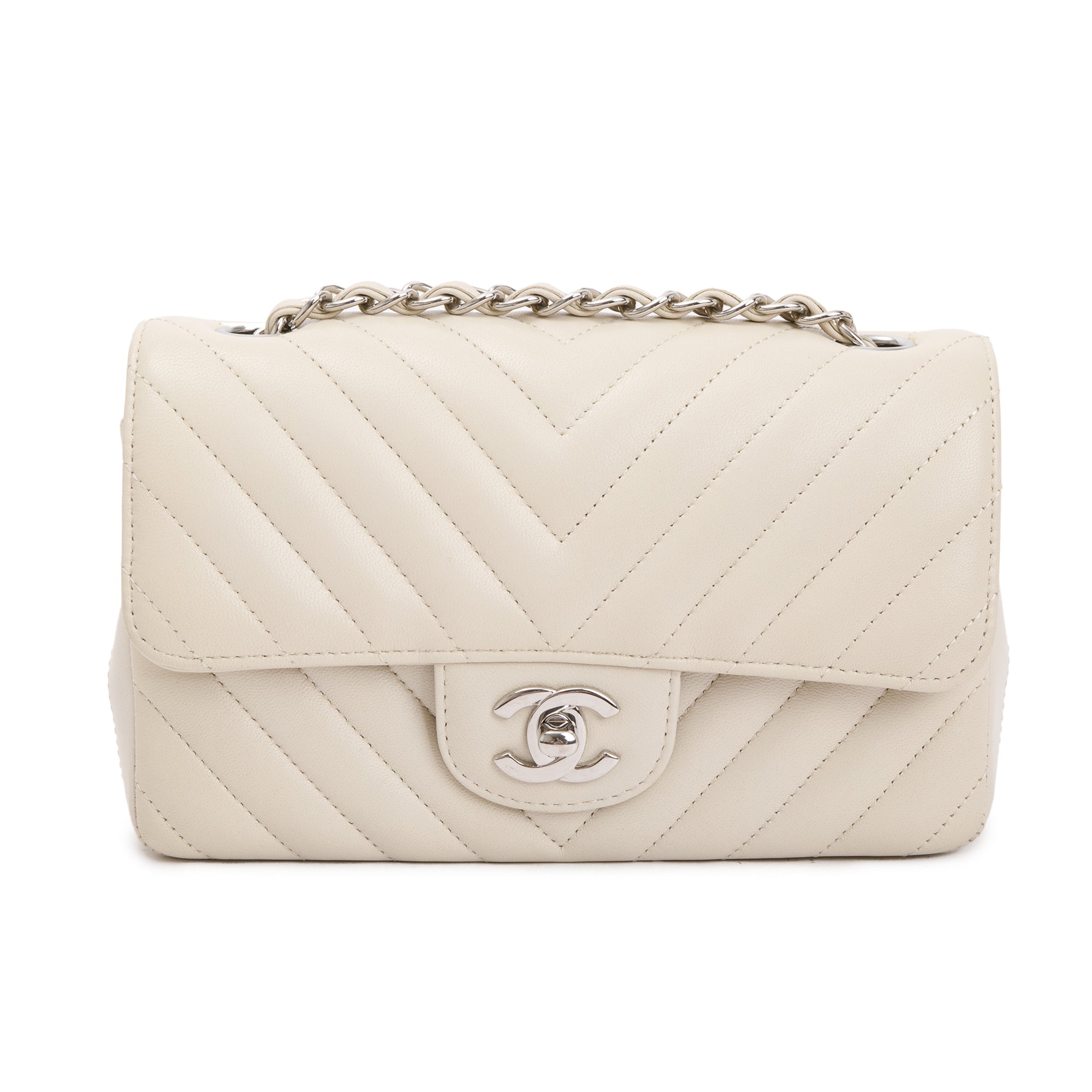 Chanel Neutral Chevron Quilted Lambskin Classic Mini Rectangular Flap Bag w/ Box & Authenticity Card
