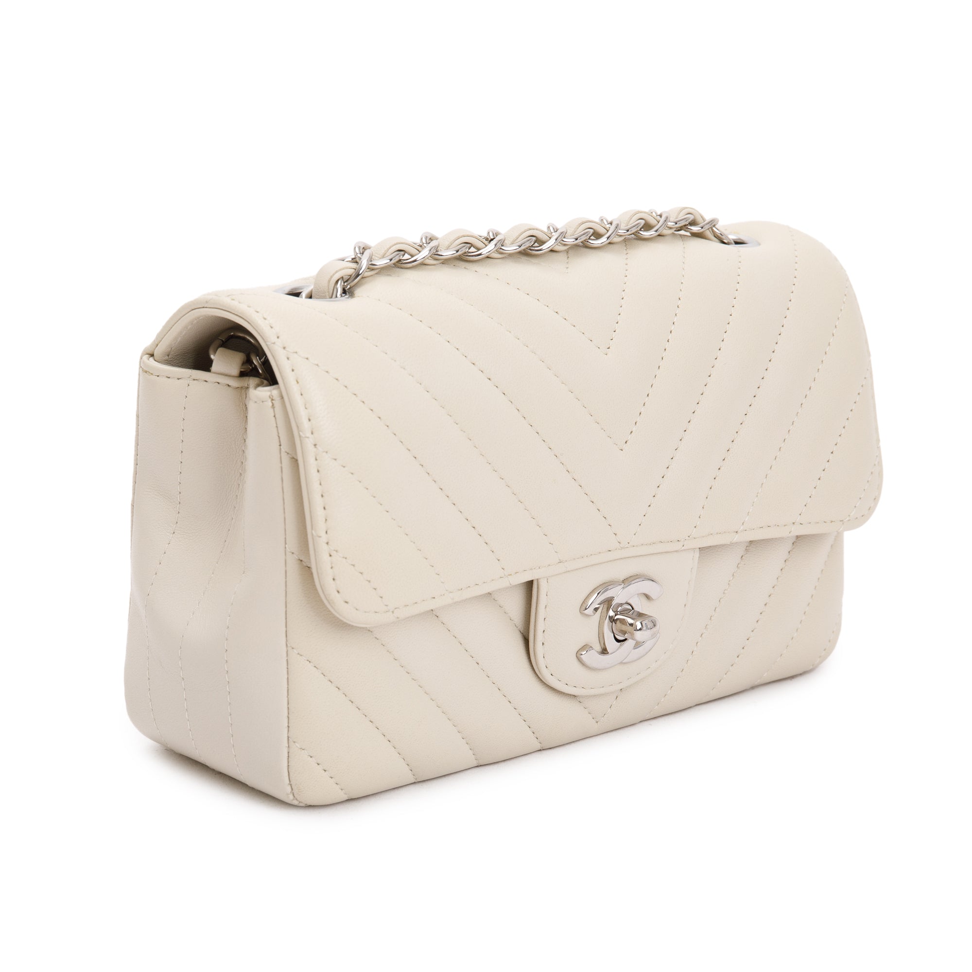 Chanel Neutral Chevron Quilted Lambskin Classic Mini Rectangular Flap Bag w/ Box & Authenticity Card
