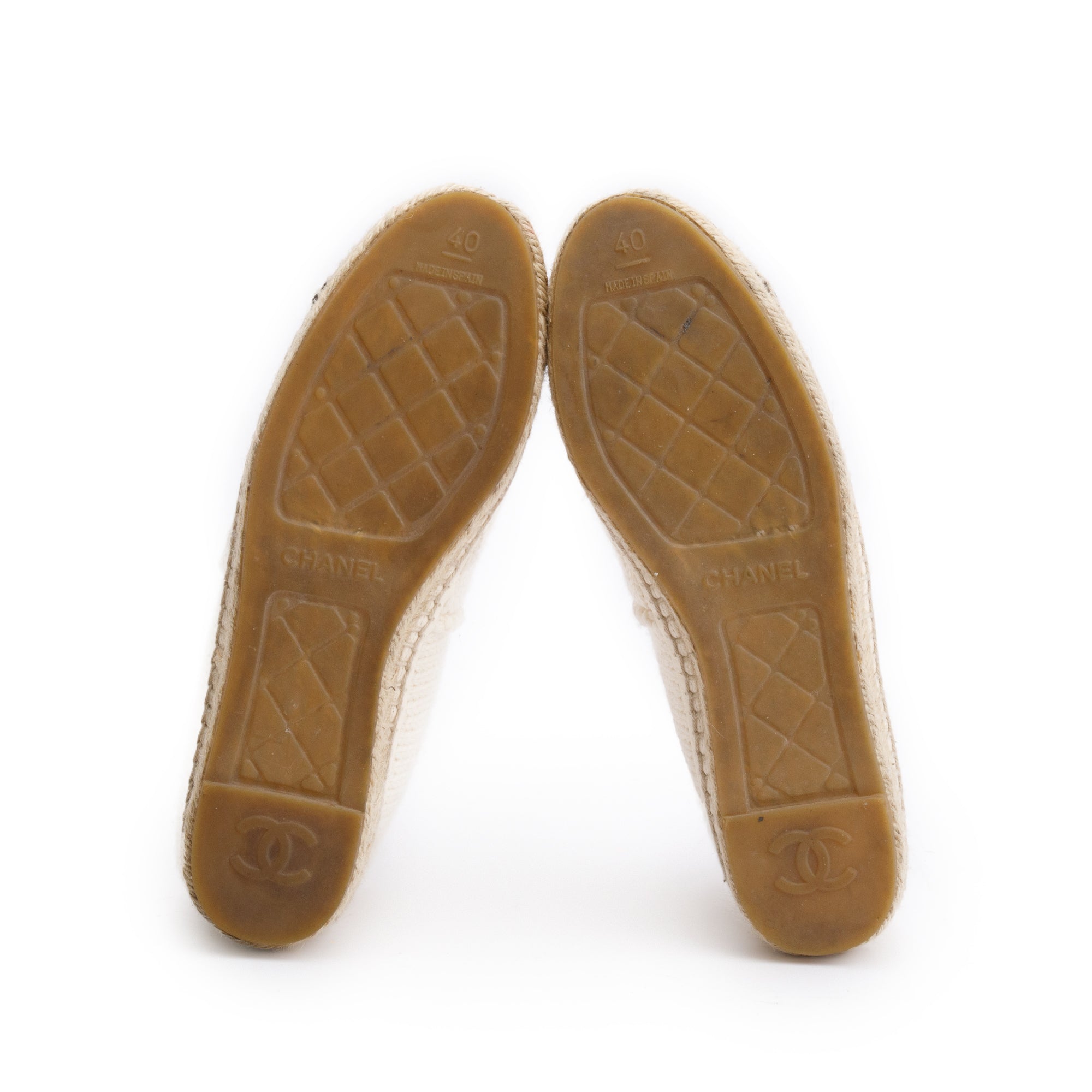 Chanel Neutral Wool Black Leather CC Logo Espadrilles, Size 40 w/ Box