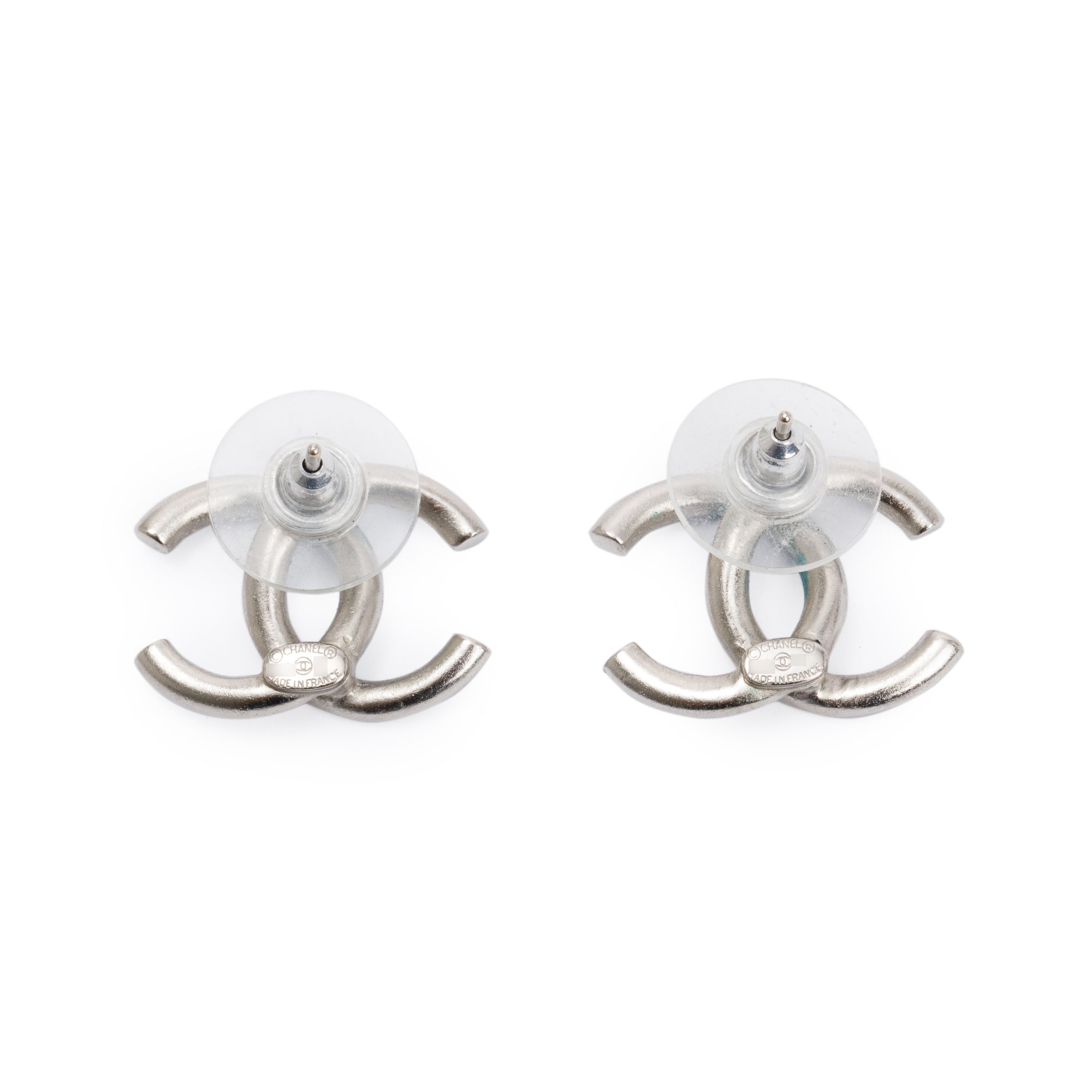 Chanel Palladium Plated Blue Strass CC Stud Earrings w/ Box