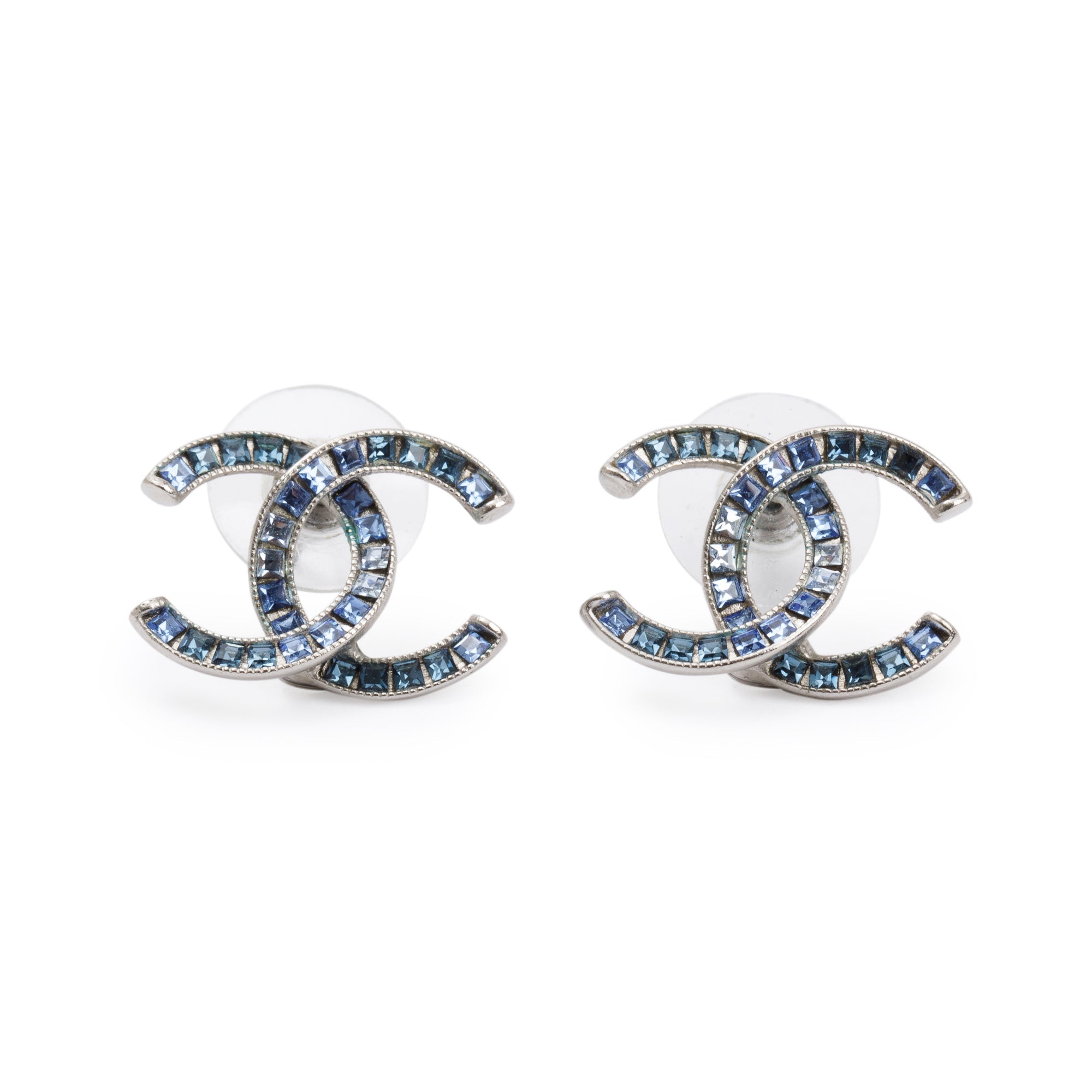 Chanel Palladium Plated Blue Strass CC Stud Earrings w/ Box