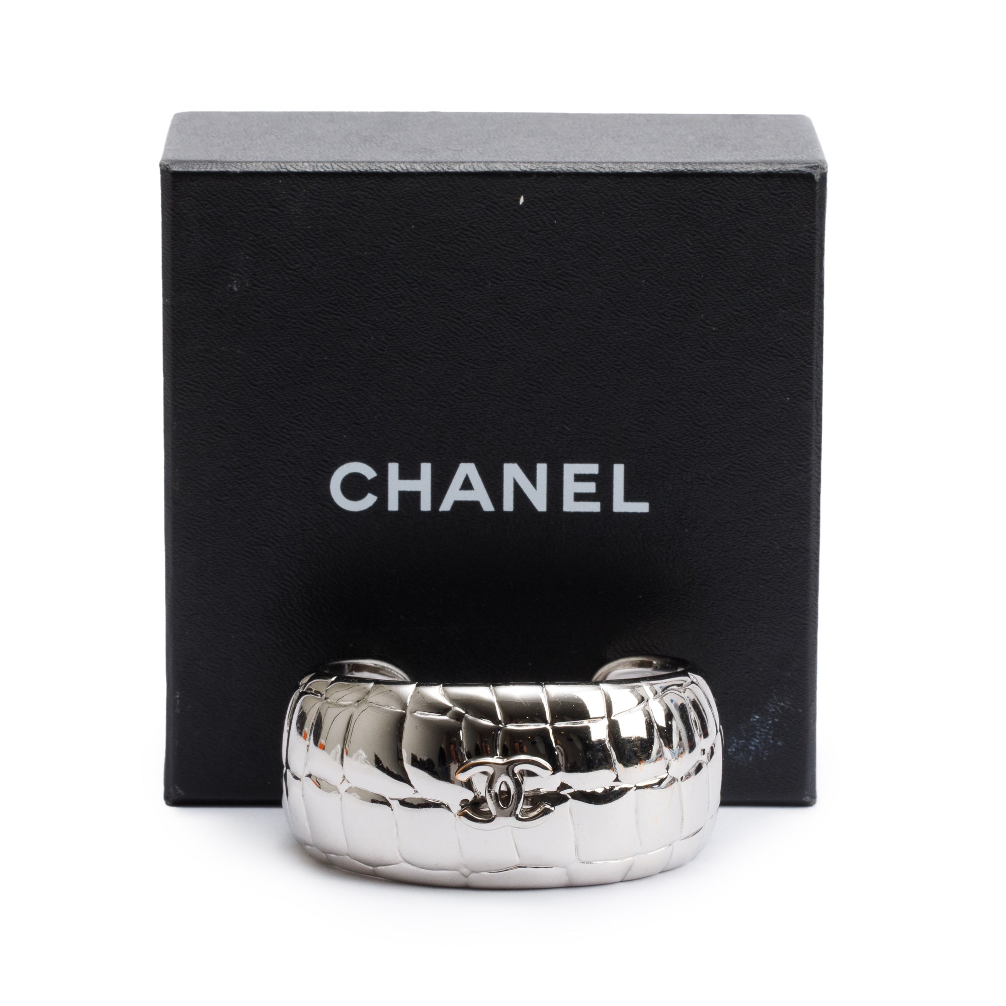 Chanel Palladium Plated Croc Embossed CC Cuff Bracelet w/ Box & Receipt