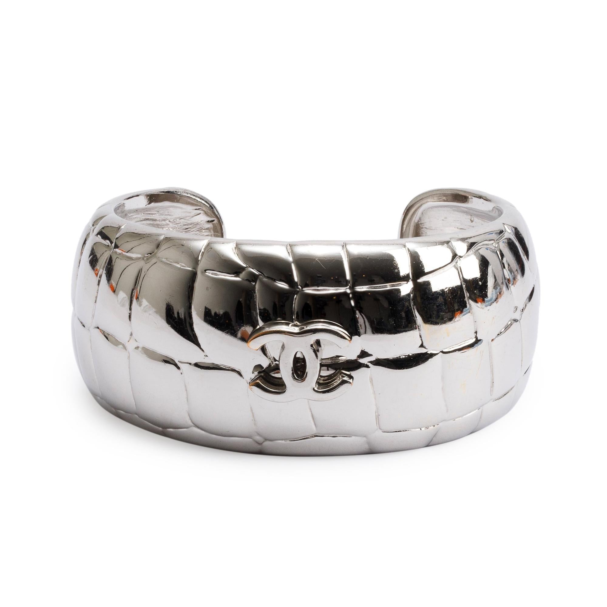 Chanel Palladium Plated Croc Embossed CC Cuff Bracelet w/ Box & Receipt