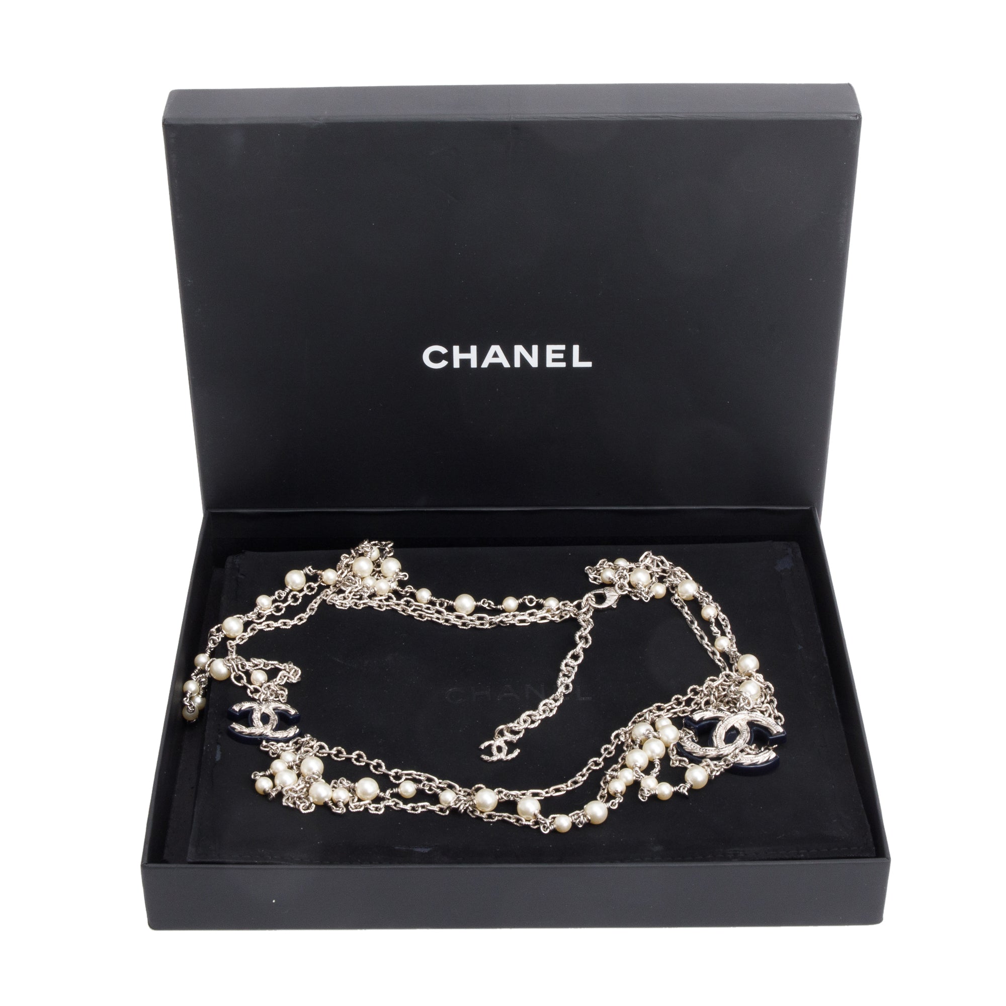 Chanel Palladium-Plated Faux Pearl Black Resin CC Multi Strand Long Necklace w/ Box & Receipt