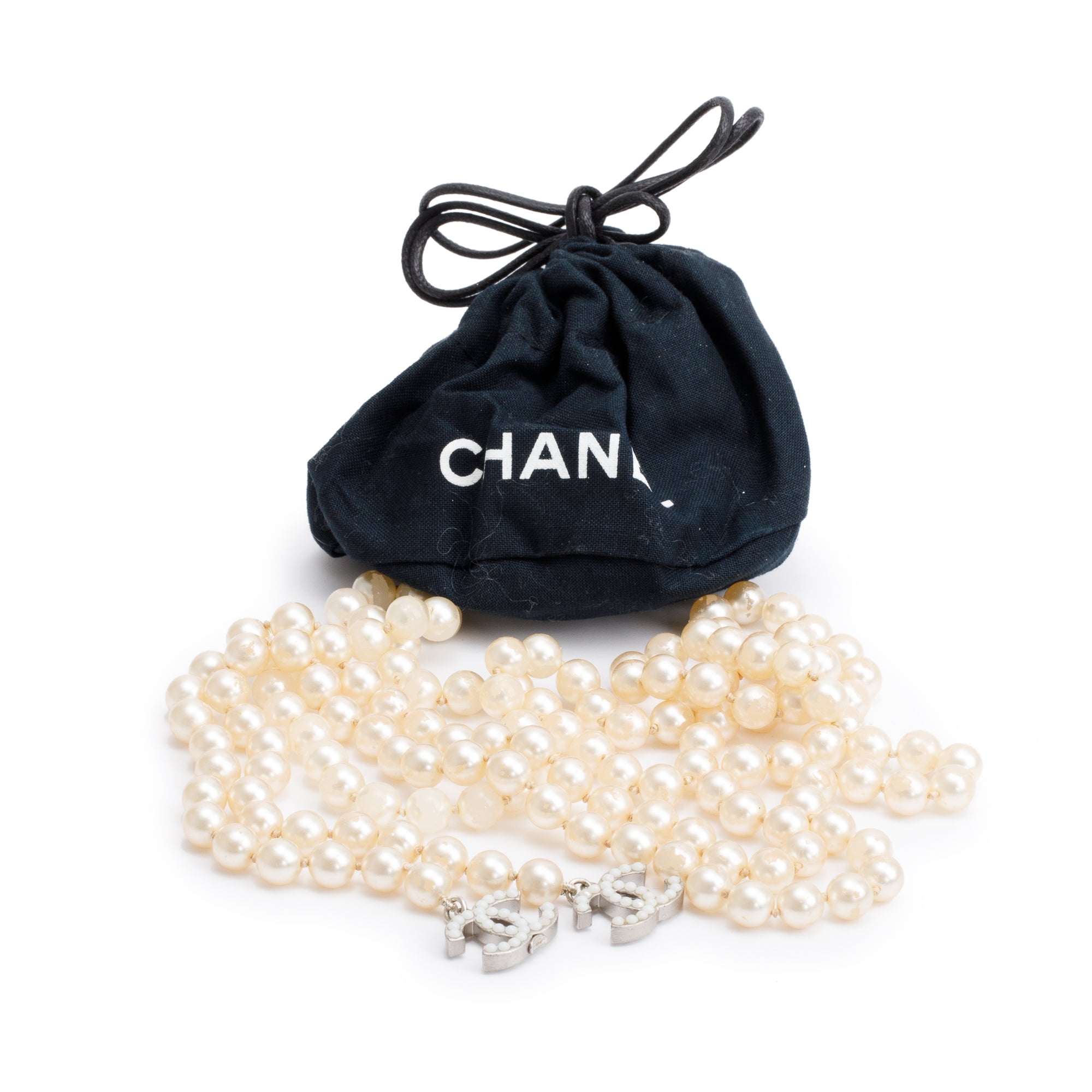 Chanel Palladium-Plated Faux Pearl CC Lariat Necklace