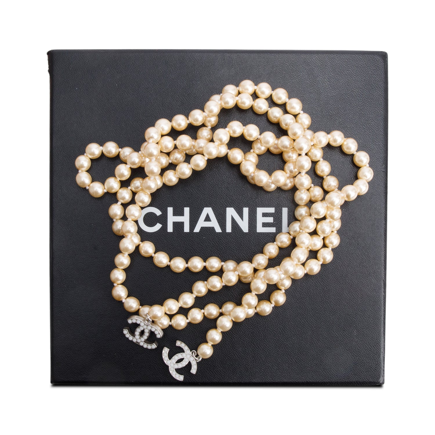 Chanel Palladium-Plated Faux Pearl CC Lariat Necklace w/ Box