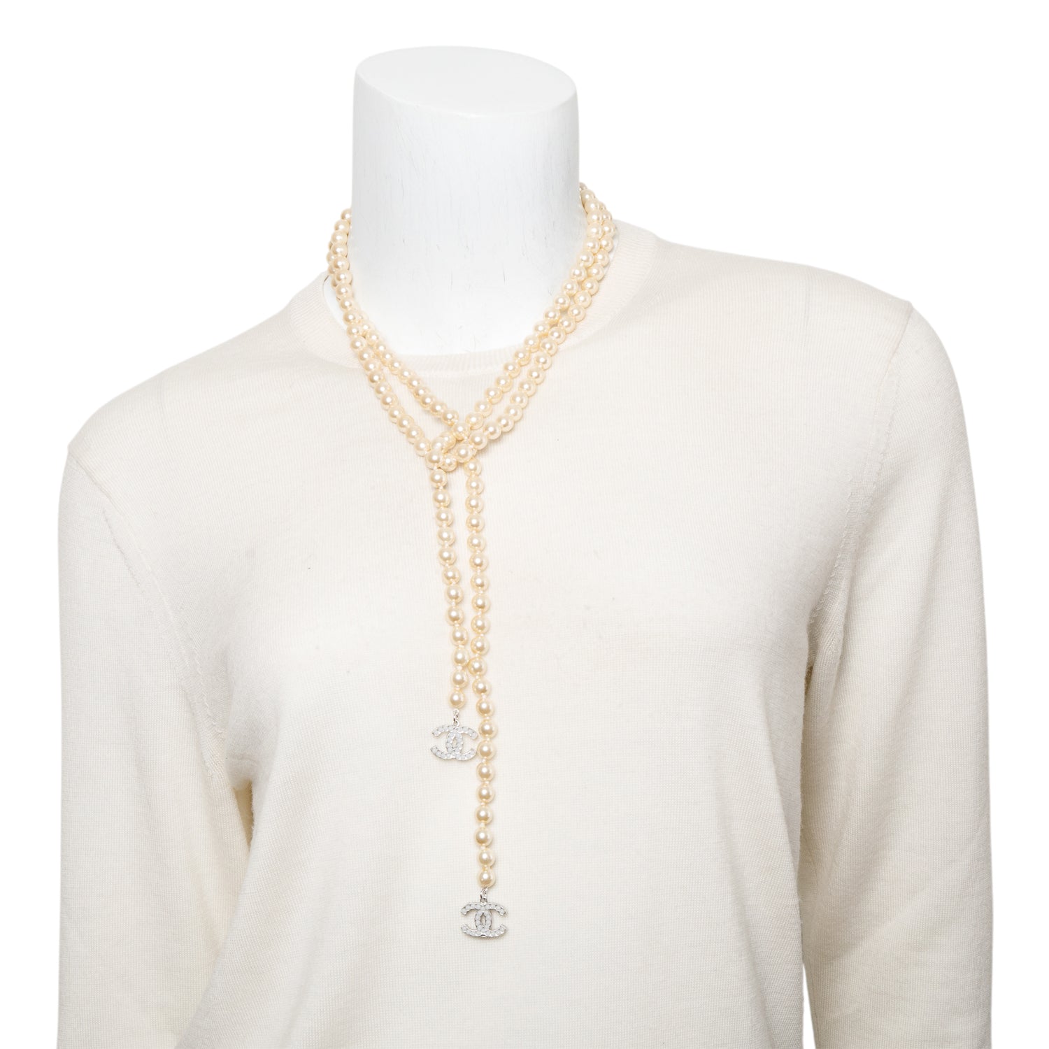 Chanel Palladium-Plated Faux Pearl CC Lariat Necklace w/ Box