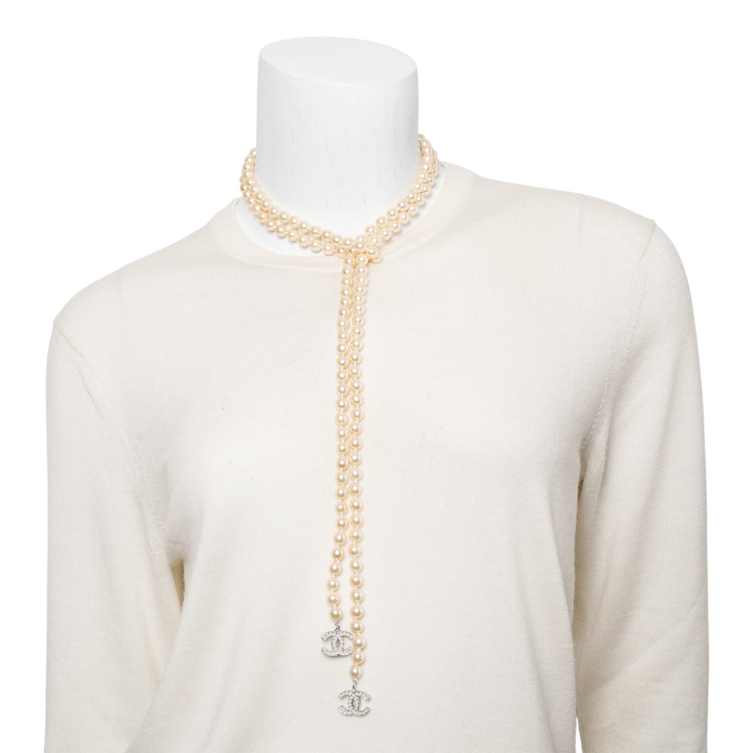 Chanel Palladium-Plated Faux Pearl CC Lariat Necklace w/ Box