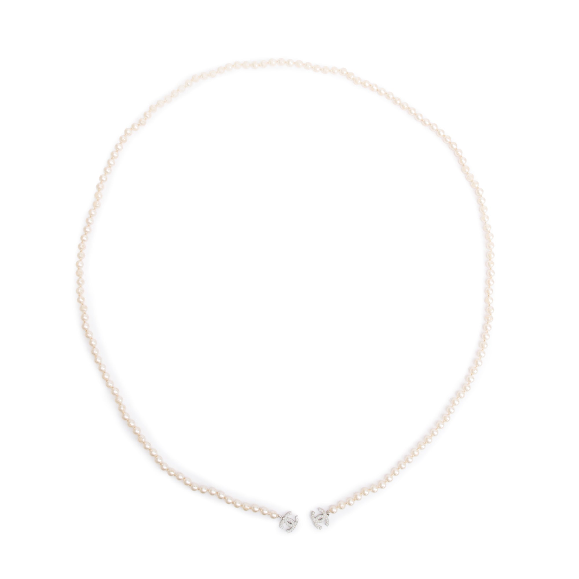 Chanel Palladium-Plated Faux Pearl CC Lariat Necklace