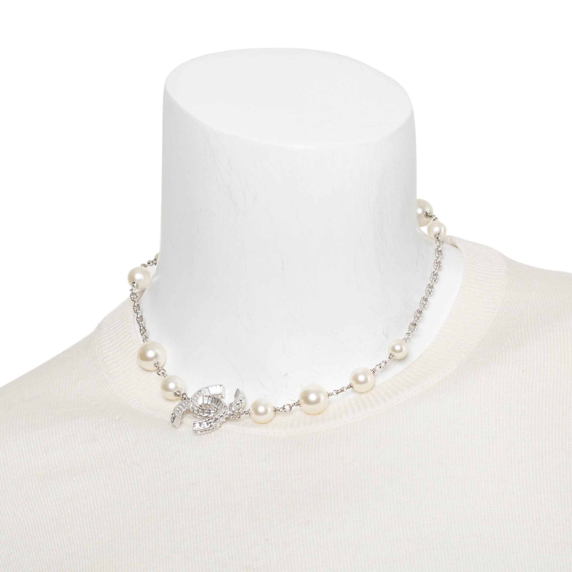 Chanel Palladium-Plated Faux Pearl & Strass CC Collar Necklace w/ Box