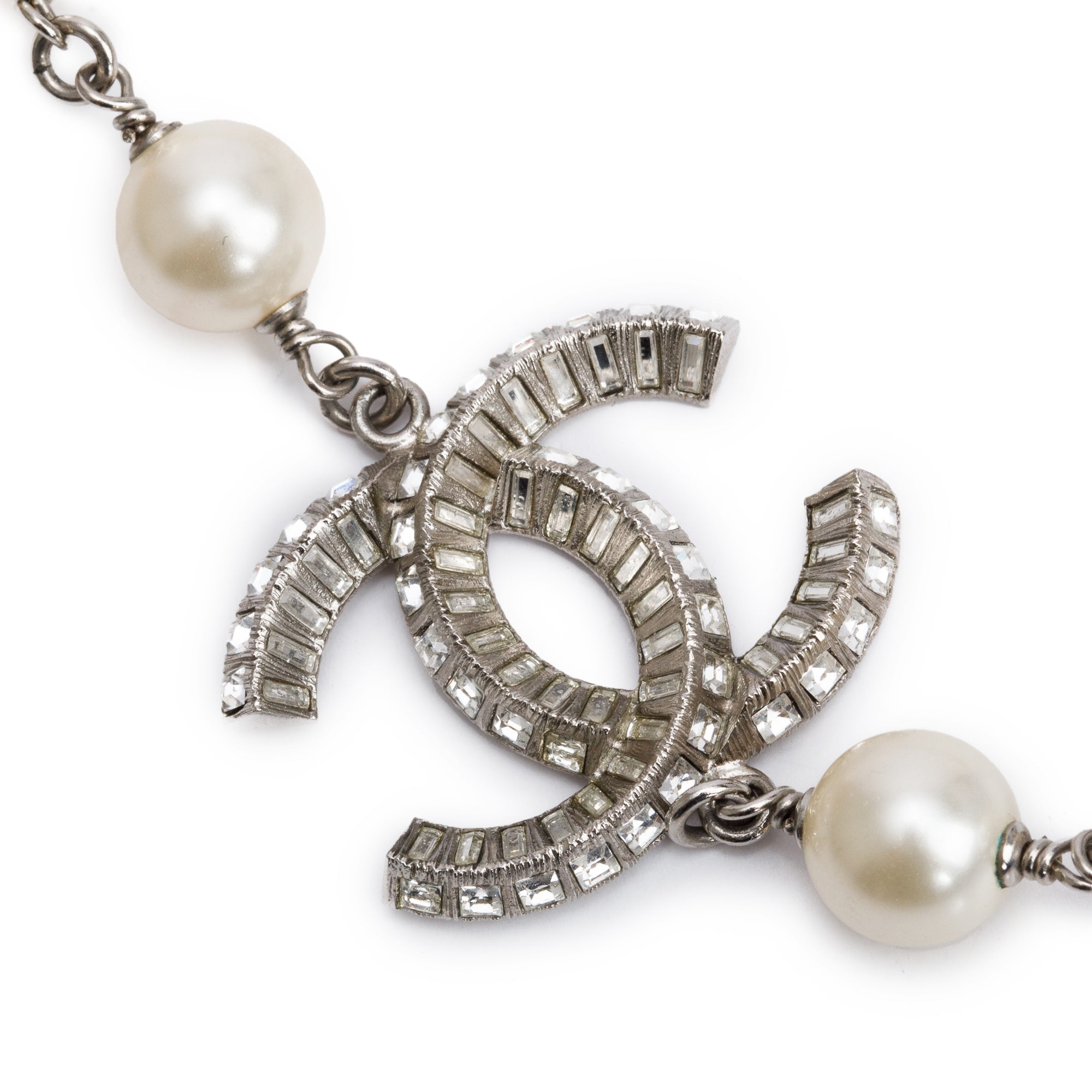 Chanel Palladium-Plated Faux Pearl & Strass CC Collar Necklace w/ Box