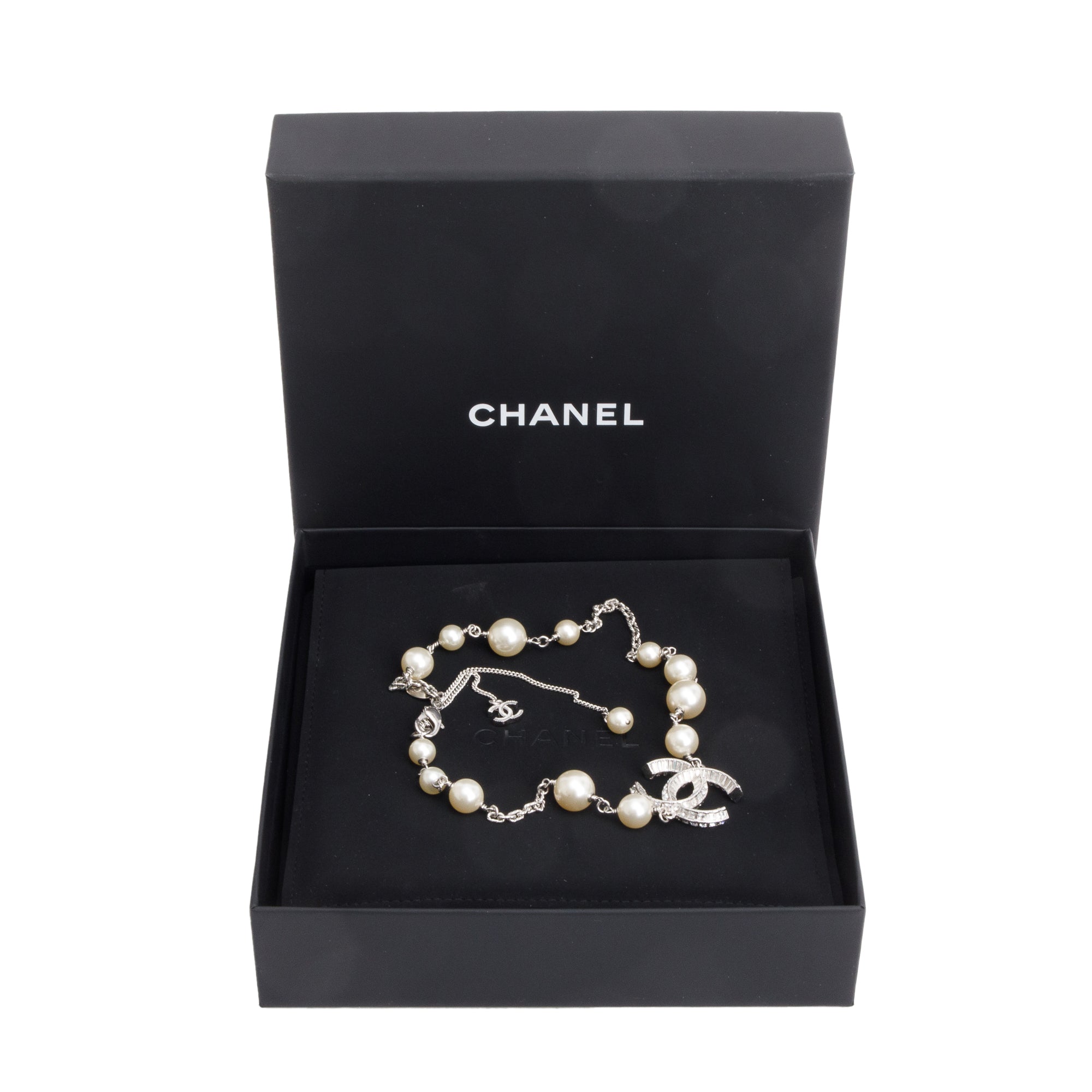 Chanel Palladium-Plated Faux Pearl & Strass CC Collar Necklace w/ Box