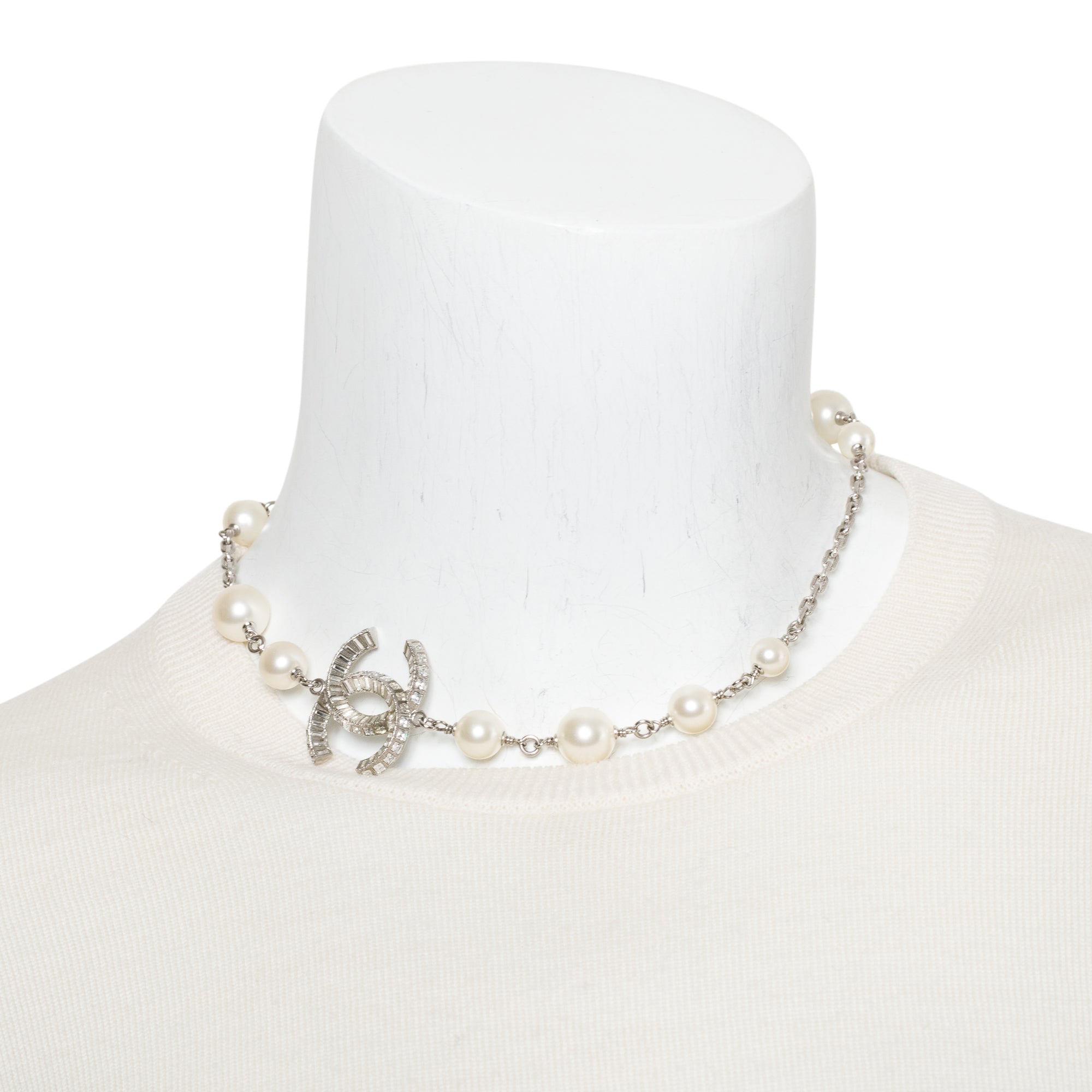 Chanel Palladium-Plated Faux Pearl & Strass CC Collar Necklace w/ Box